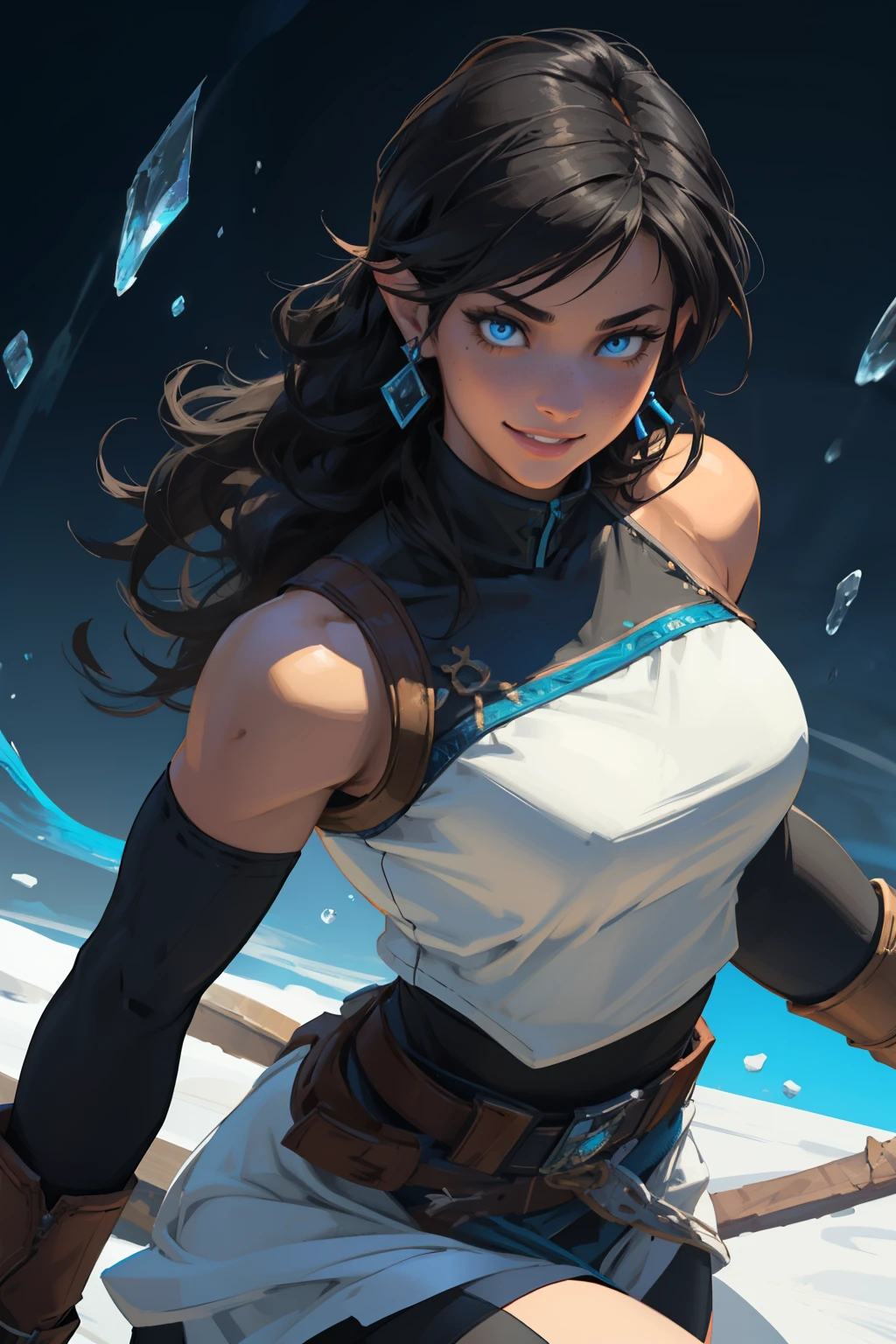 Korra da avatar,(best quality, 4K,8k,high resolution,work of art:1.2)(weather: showing), tundra background, artic village, wide hips, long curly hair, brown hair, freckles, sleeveless crop top, fur belt, bodycon winter skirt, leggings, winter boots, elbow long gloves, light makeup, dark eyeliner, blush, flirting pose, earrings, glowing eyes, ultra detailed, portrait, realistic, beautiful detailed blue eyes, beautiful detailed lips, extremely detailed eye and face, long eyelashes,average, large breasts, flying hair, beaming smile, sexy smile, powerful girl, bright coloured, dramatic lighting, blue flames,