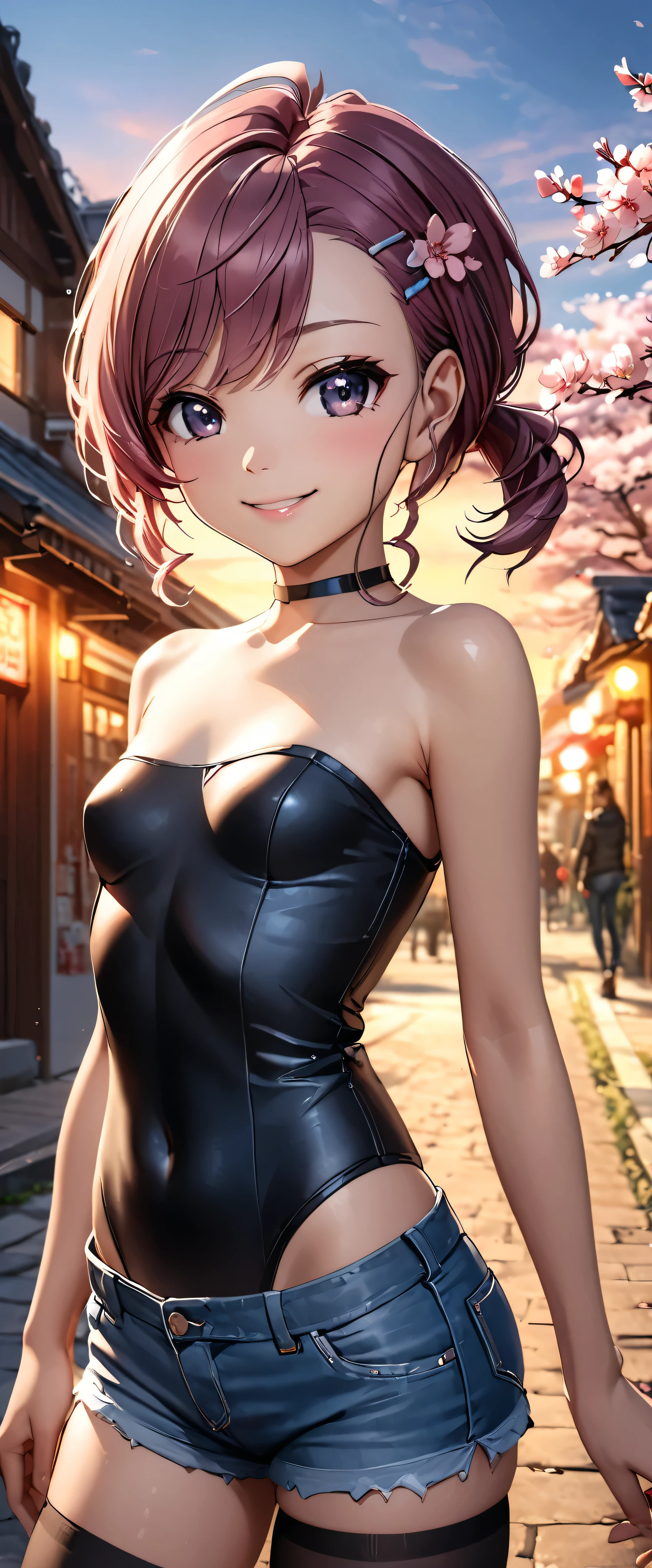 Best Quality,  super high definition, (Realistic:1.4), One person,   small breasts,  black choker, smile, Exposing shoulders, Focus Only,  watch viewers,Fair skin,sunset,cherry blossoms, Photon Mapping ,  physical based rendering,  RAW Photos,  highly detailed backgrounds , K-pop idol, Depth of Field ,Town,cherry blossoms,Hair accessories, detailed face, pubic skin,Game CG,whole body, micro jean shorts,v line bodysuit, skinny,Fits perfectly against the skin, Knee High Stockings 