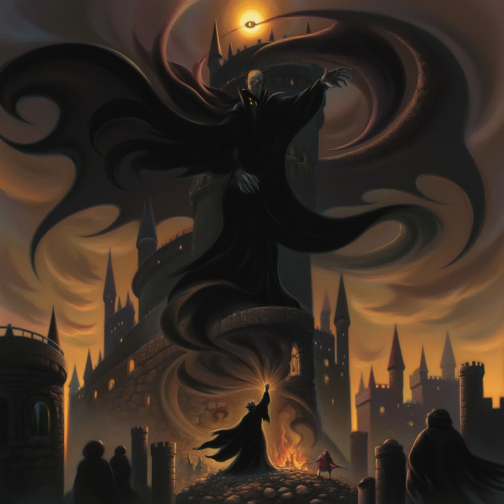 mrygp, Sauron stands as a towering, dark figure within his fortress of Barad-dûr, his single, fiery Eye blazing atop the tower, casting an intense, searching light across the desolate land. Surrounded by swirling shadows and flames, his gaze is fierce and unrelenting, piercing through the darkness as he hunts for the One Ring. The atmosphere is oppressive and ominous, with his powerful presence dominating the scene, a symbol of unstoppable evil watching over Middle-earth.