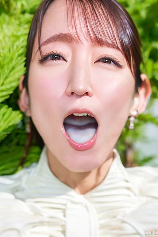 Best Quality, Realistic,  Details,  Hi-Res, 8k wallpaper,  Perfect Dynamic Composition ,  attention to beautiful details, (shrouded background 1.4),  medium hair,  beautiful Japanese women, True Face, ((Face up 1 .7)),  looking at the camera, (( open your mouth wide 1.9)), ((Cum accumulates in the mouth 1 .9)),  voracious expression that lifts the chest, (RIHO YOSHIOKA)