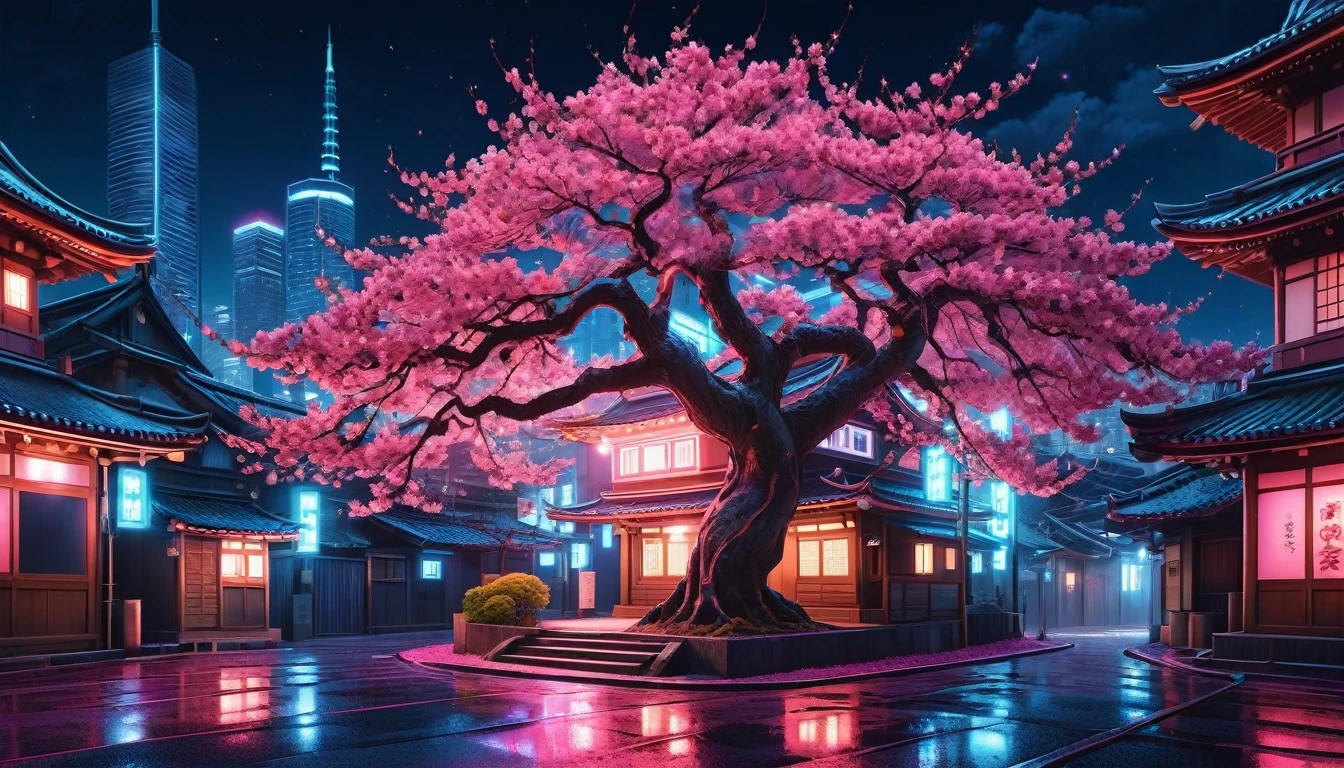  tree with pink flowers in the middle of the city at night,  sakura season dynamic lighting , Cyberpunk Japanese Temple,  anime background ,  colorful city  кицунэ, Неоновый город in the background,  colorful city ,  synthetic city , красивый город of the future, Blue moonray tracing , Japanese town , giant cherry trees,  art deco outrun anime aesthetics ,  cherry tree ,  cyberpunk streets in Japan , background graphics