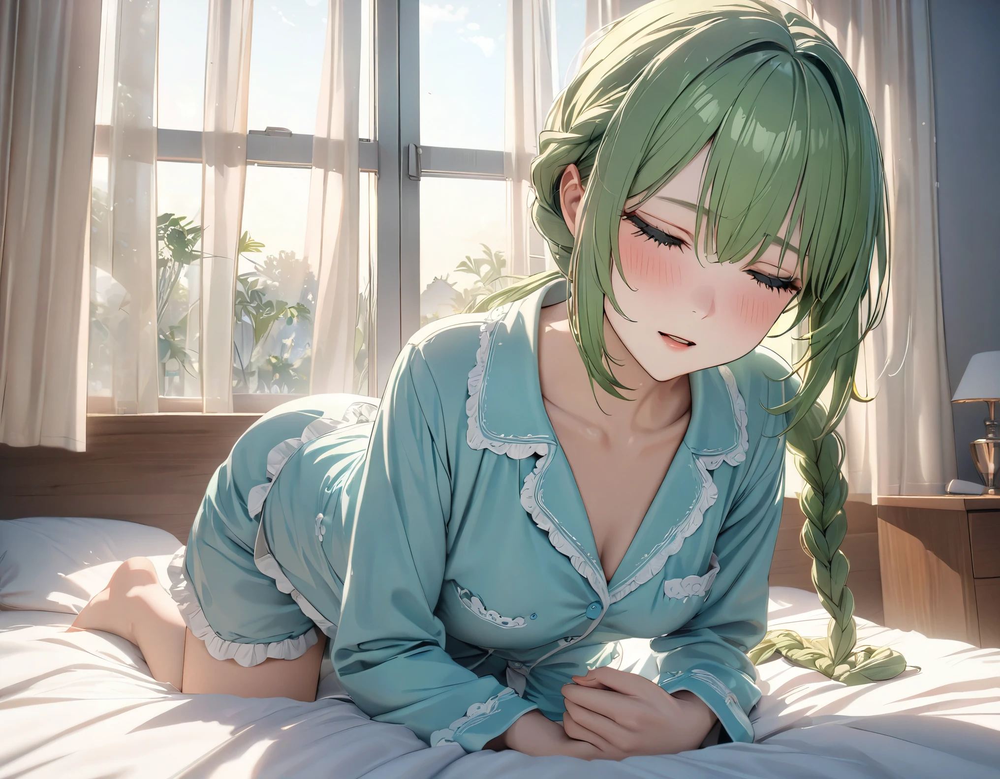 (((Best quality, 8k, Masterpiece: 1.3)), ((best quality)), ((masterpiece)), (detailed), perfect face, perfect body, (detailed skin:1.3), (intricate details), green hair,long braided ponytail, In bed, pajamas, waking up, sleepy eyes, Morning sun, window, fluttering curtains