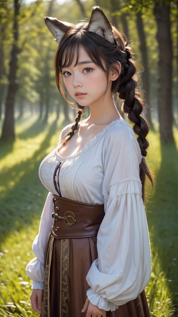 (8k, RAW photo, best quality, masterpiece), (photorealistic), outstanding details, ultra-high resolution, anatomically correct, textured skin, (Extremely precise and accurate anatomy),
Ultra Detailed Face, Detailed Eyes,
One girl, (whole body:1.4), (full body:1.4), Gaze, Cute Japanese girl , 20-year-old, ( Wolf Ears) , (Big wolf tail:1.4),
(faint smile), (Mouth slightly open), ( Double teeth) ,
Side braids, Brown Hair,
curvy,
( Medieval European Costume) ,
in the forest, grassland, wilderness, Forest,
Background blur, far and near method,
morning sun, (backlighting),
reflection light from below,
atmospheric perspective, depth of field,
(dramatic lighting), cinematic lighting,
Artistic, Baroque, Cinematography, Portrait Photography,