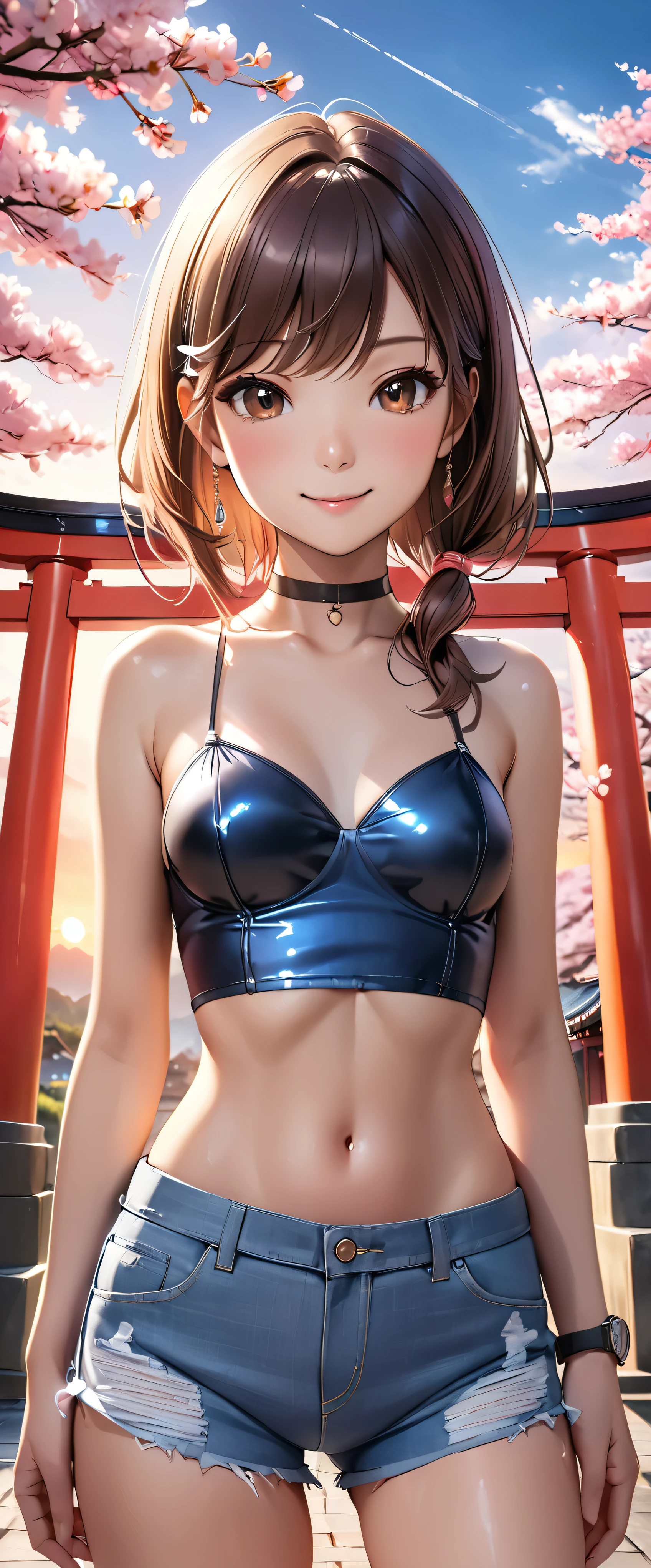 Best Quality,  super high definition, (Realistic:1.4), One person,   small breasts,  black choker,  smile with closed mouth, Exposing shoulders, Focus Only,  watch viewers,Fair skin,sunset,cherry blossoms, Photon Mapping ,  physical based rendering,  RAW Photos,  highly detailed backgrounds , K-pop idol, Depth of Field ,torii,cherry blossoms,Hair accessories, detailed face, pubic skin,Game CG,whole body, micro jean shorts, Shiny Micro Bikinis, skinny,Fits perfectly against the skin, Knee High Stockings 