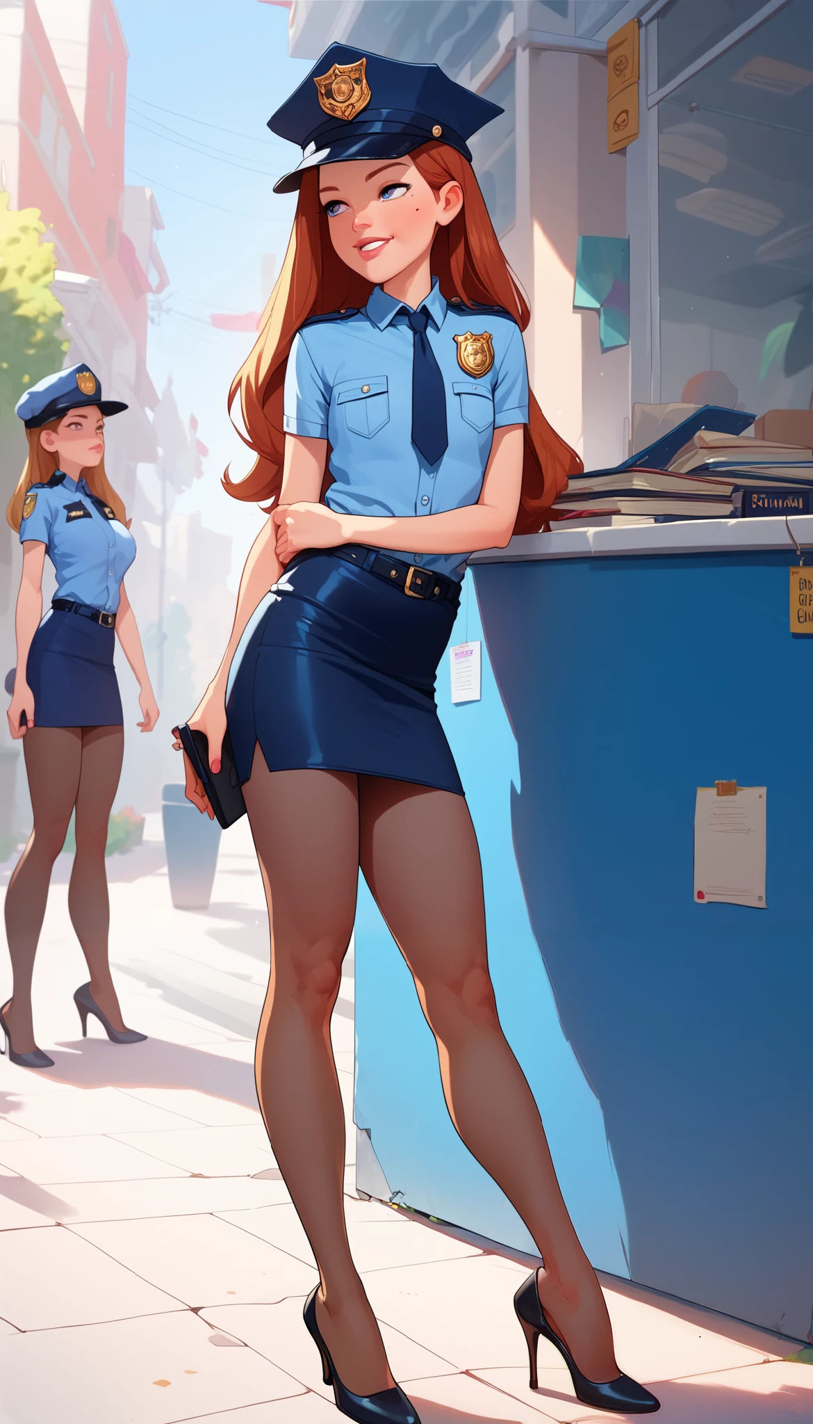 NSFW, masterpiece, Highest quality, High resolution, Very detailed, Young face, mole, Short height, Police Officer, hat, mini skirt, Pencil Skirt, pantyhose, Heels, flirt and seduce