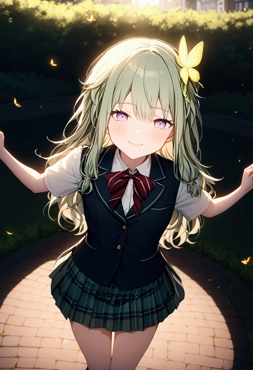 High image quality 、masterpiece、 High Quality  、Full HD、4K 、View from above、Kusanagi Nin々、Green long hair 、Yellow butterfly hair ornament、 purple eyes、slim、 high school uniform 、 smile、Blushing cheeks 、Stretch your arms、Red  on cheeks、 flat chest、Stretch your legs and show me 、 wearing black loafers、 skirt swings 、Dancing in the park 、Singing