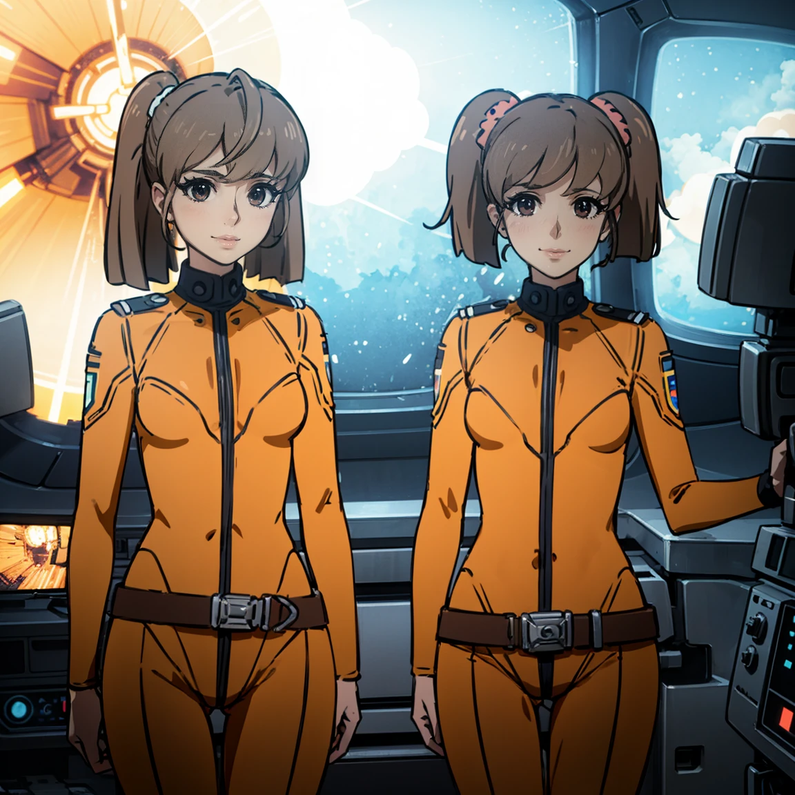 Best Quality, masterpiece,  Details, ,  closed mouth, smile,  brown hair,  operate straight hair,  twin tails,  Brown Eyes ,  hair scrunchies from underwear, MisakiBodysuit,  orange bodysuit, belt,  standing ,  stare at viewers, science fiction, cockpit spaceship , Bokeh,