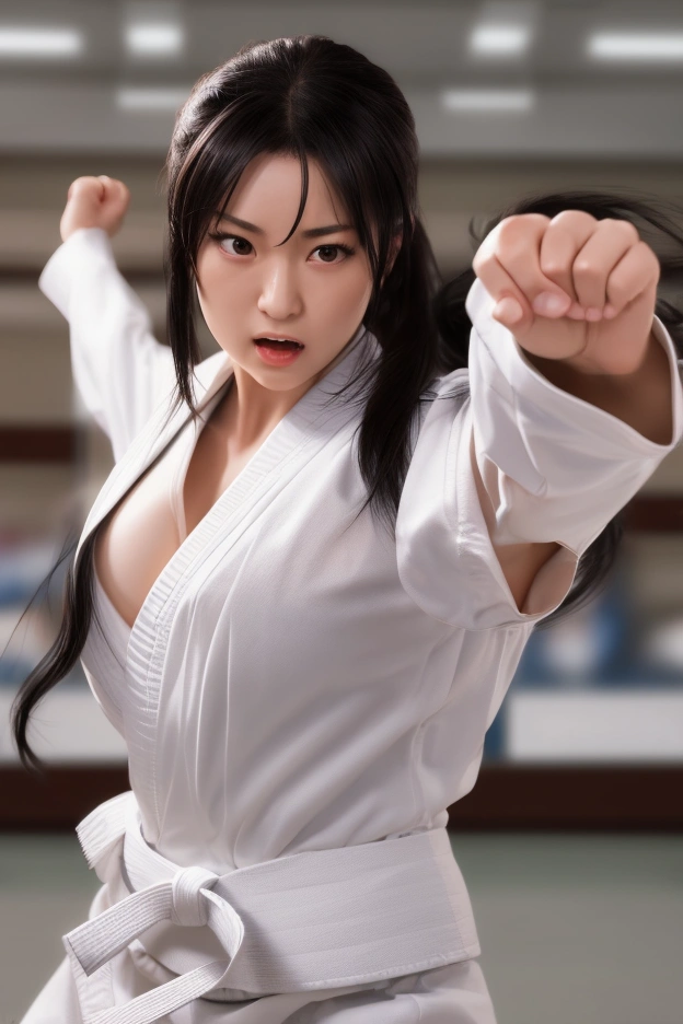 (8k, RAW Photos, A masterpiece of quality: 1.2), (Realistic, photoRealistic: 1.37), ((A little bit of cleavage 1.3)),Female Judo Athletes, ((Big Breasts 1.2)), ((Black Hair 1.6)), Mid-length hair, ((Sweaty 1.5)), ((Shiny skin 1.4)), Judoka, ((A beautiful face like a Japanese actress 1.3)),(((White short-sleeved judo uniform with black belt))) , ((White shorts)),alone, Are standing, Long Shot, (Full Body Shot: 1), Glamorous Body,((Slender body)),View your viewers, Photo shoot pose, Firm posture, Long Shot photography, Detailed face, (smile), (Perfect Eyes) ,(Perfect hands) (Perfect Fingers), (Perfect legs),(Thighs), (Full body photography: 1).