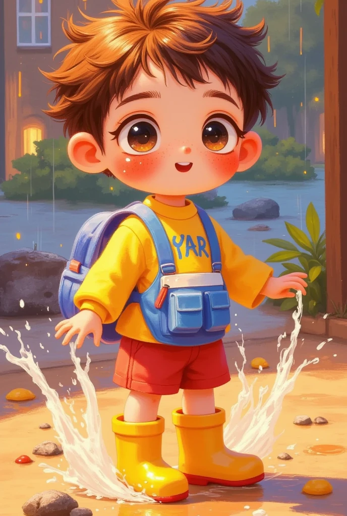 1boy, cartoon, children's illustration, splash puddle, rain boots, happy expression, playing in puddle, splashing, rainy day, detailed, colorful, vivid, dynamic, whimsical, lighthearted, charming, high quality, 8k, professional, highly detailed, cinematic lighting, soft textured, warm color palette, vibrant, lively