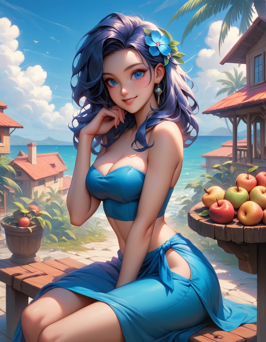 masterpiece, best quality, 32k, high resolution, absurdres, medium breasts, (curvy), cute, eyelashes, vivid colors, BREAK, ,,, , ,,, zzPhoebe, blue eyes, hair flower, blue sarong, blue tube top, dark skin, sitting on bench, side view, smile, looking at viewer, cowboy shot, ,,, zzDelfinoPlaza, sky, day, cloud, blue sky, building, palm tree, small house, small fruit stand, pineapples, coconuts, 