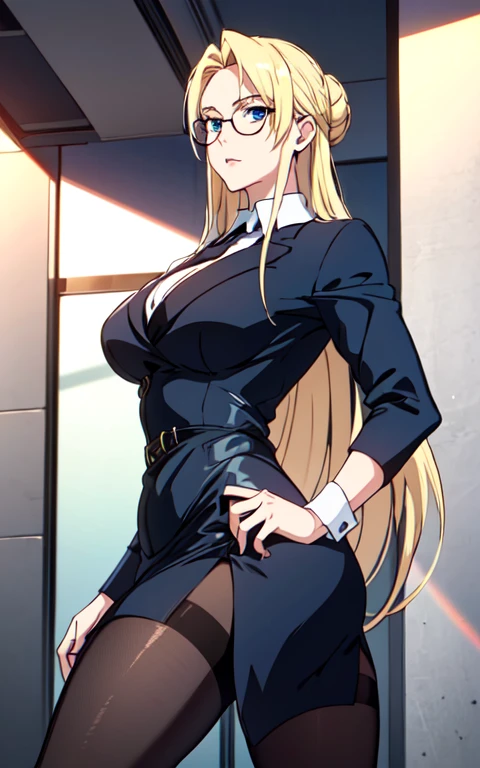 Blue eyes, blonde hair tied up in a bun with a few loose strands falling around her face. He wears dark-framed glasses that highlight his facial features. She wears a formal outfit consisting of a black jacket over a fitted white V-neck blouse, combined with light dress skirts that fit her figure and end at the ankle. Her hands are in the pockets of her skirt, giving her a relaxed but confident posture. Complete your look with black high heels, which add a touch of sophistication to your style. The woman's expression and posture project confidence and authority, suggesting she may be in a leadership role or in a corporate environment.