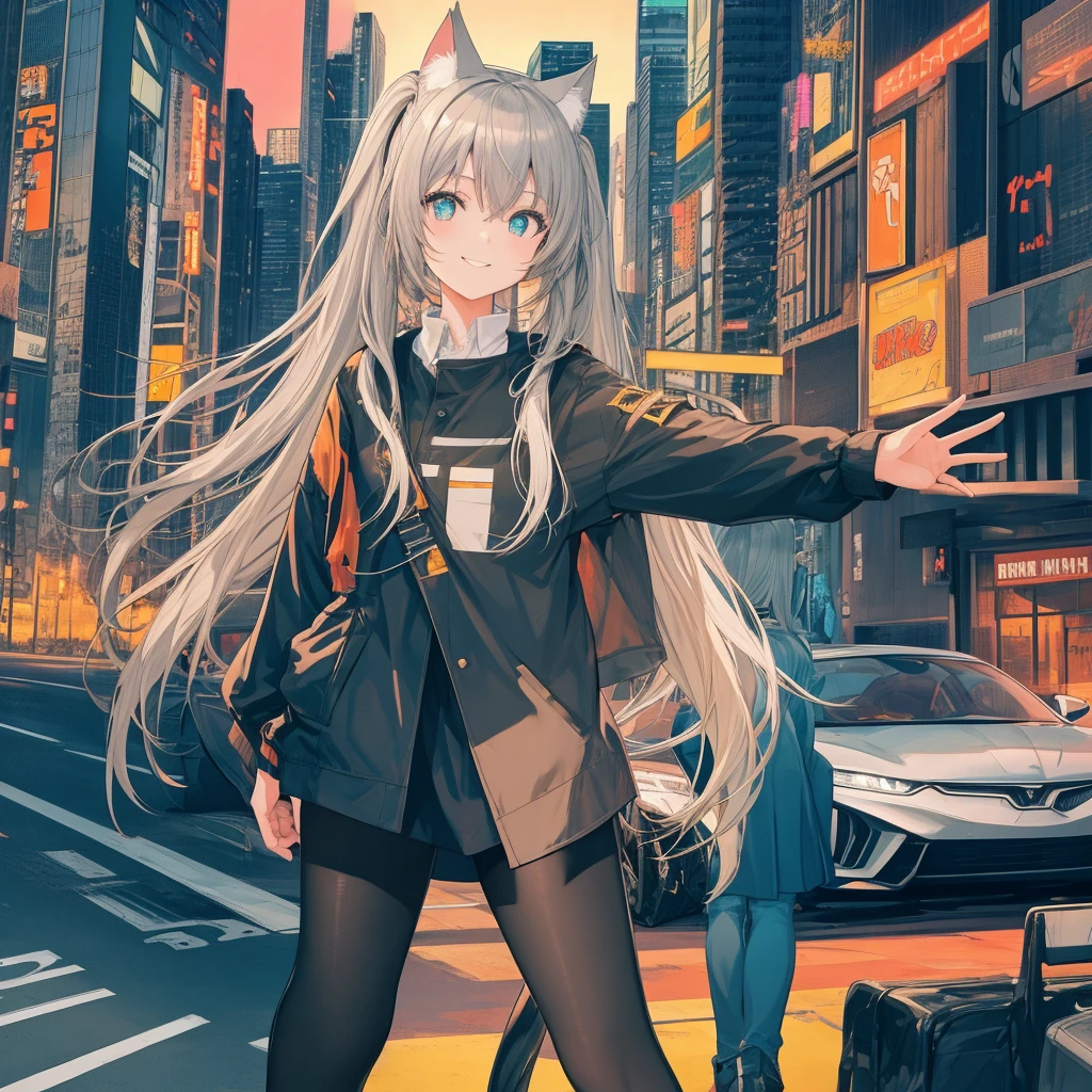 Best Quality, masterpiece,  Extremely detailed,  detailed background , Anime,  depth of field, lens flare , solo focus ,
close-up, dynamic angle,
(1人の girl:1.2), Gray Hair, Long Hair, cat ears,  girl, Sparkling Eyes, black pantyhose,   Viewers,  smiles lightly,
blond twintails with car , 1 , skylineR34, sports car, girl  standing  in front of car,
( flat color,  Limited Palette ,  has low contrast:1.1),  standing , cigarette, city, sunset,  Skyscrapers,  bridge , road signs, Border, black, yellow, Cyan,  orange ,gray,  Cyberpunk ,