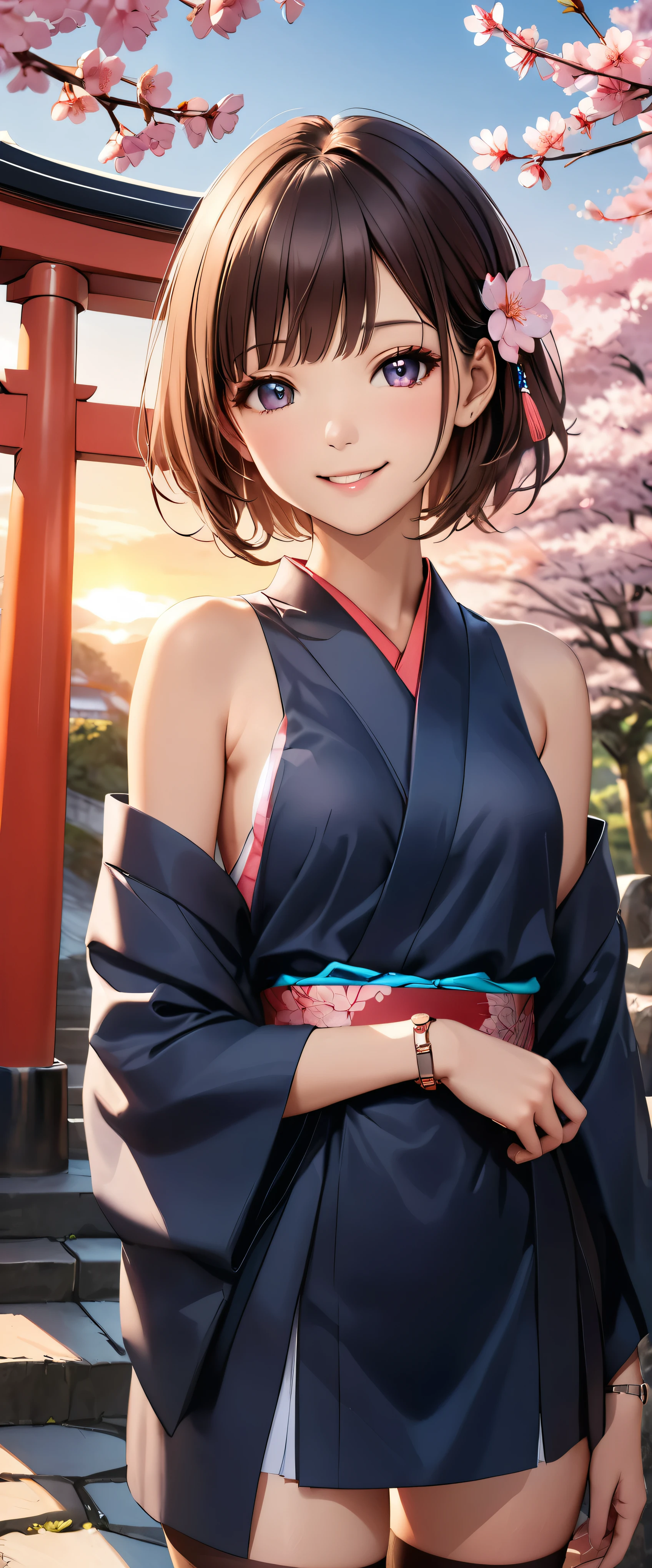 Best Quality,  super high definition, (Realistic:1.4), One person,   small breasts,  smile, Exposing shoulders, Focus Only,  watch viewers,Fair skin,sunset,cherry blossoms, Photon Mapping ,  physical based rendering,  RAW Photos,  highly detailed backgrounds , K-pop idol, Depth of Field ,torii,cherry blossoms,Hair accessories, detailed face, pubic skin,Game CG,whole body, kimono, skinny,Fits perfectly against the skin, Knee High Stockings 