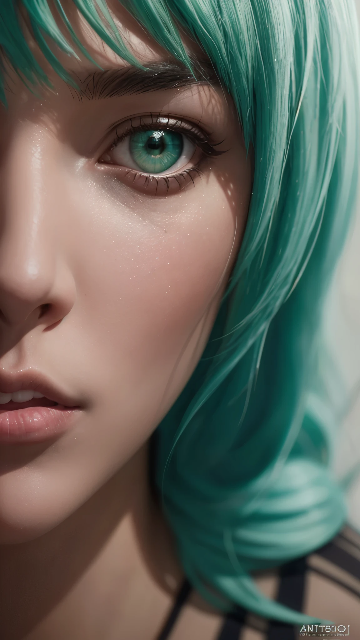 a beautiful girl with long green hair, stunning detailed face, large green eyes, small nose, full lips, elegant expression, wearing a revealing white uniform, solo, looking directly at viewer, highly detailed, hyper realistic, 8k, photorealistic, trending on artstation, masterpiece