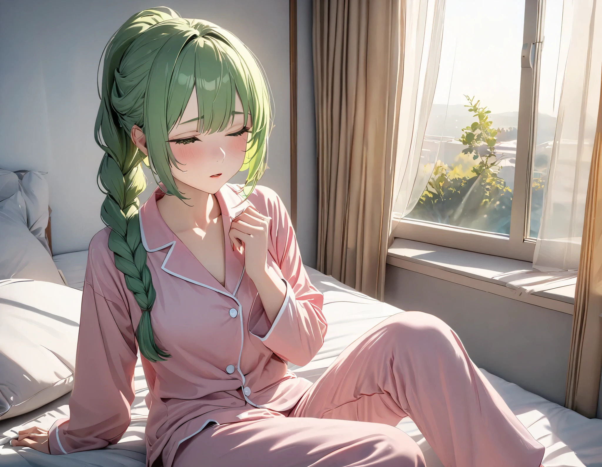 (((Best quality, 8k, Masterpiece: 1.3)), ((best quality)), ((masterpiece)), (detailed), perfect face, perfect body, (detailed skin:1.3), (intricate details), green hair,long braided ponytail, In bed, pajamas, W-Sitting, waking up, sleepy eyes, Morning sun, window, fluttering curtains