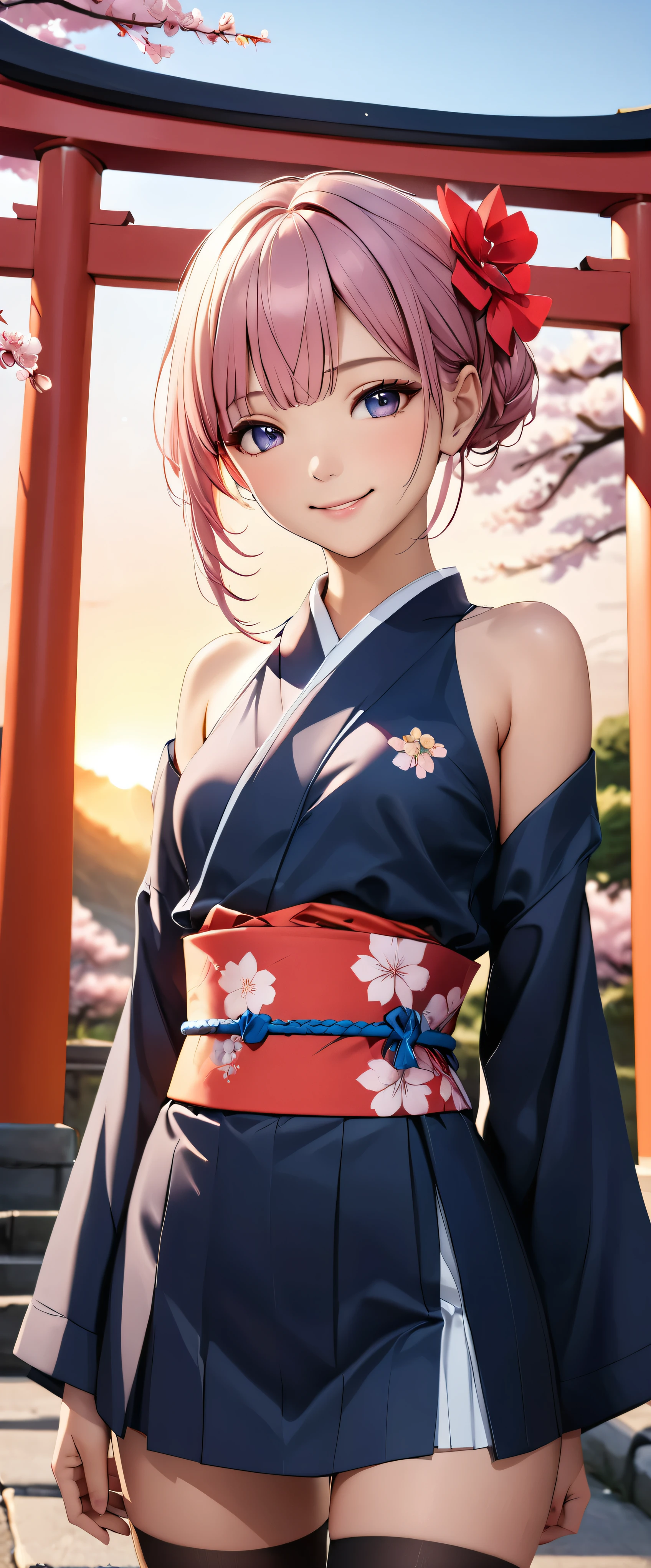 Best Quality,  super high definition, (Realistic:1.4), One person,   small breasts,  smile, Exposing shoulders, Focus Only,  watch viewers,Fair skin,sunset,cherry blossoms, Photon Mapping ,  physical based rendering,  RAW Photos,  highly detailed backgrounds , K-pop idol, Depth of Field ,torii,cherry blossoms,Hair accessories, detailed face, pubic skin,Game CG,whole body, kimono, skinny,Fits perfectly against the skin, Knee High Stockings 