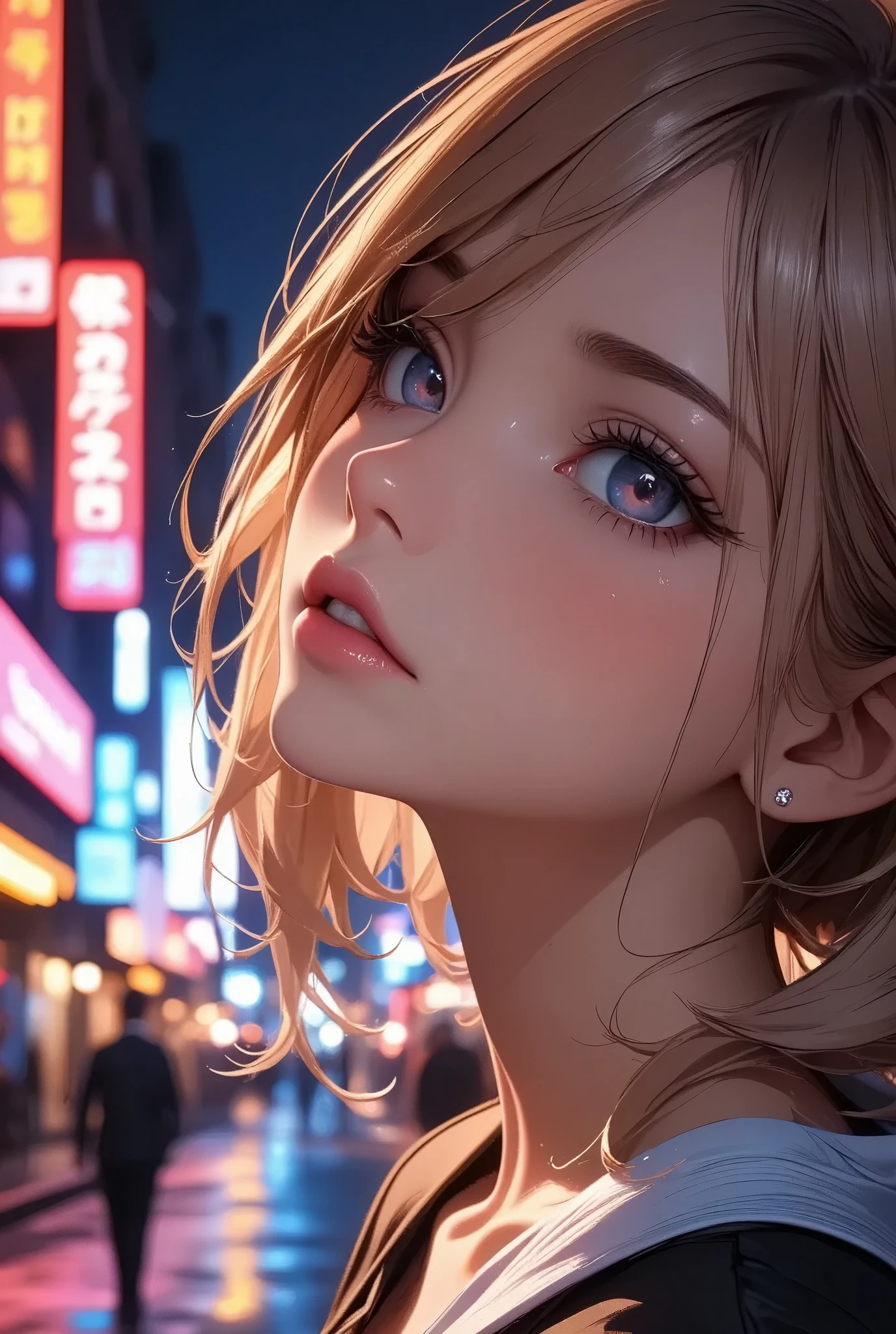 Face close-up of a girl looking up with a fluttering face, Alluring, ((profile, Sigh:1.2)),  Women with Impressive Beautiful Eyes :1.2,  beautiful eye for detail, Beautiful Detailed Lips ,  highly detailed eyes and faces,  long eyelashes , Detailed lighting and shadows ,  Anime Style :1.2,  photorealistic, 8k,  Hi-Res, Super detailed, masterpiece:1.4,  bright color , COLORFUL NEON STREET .