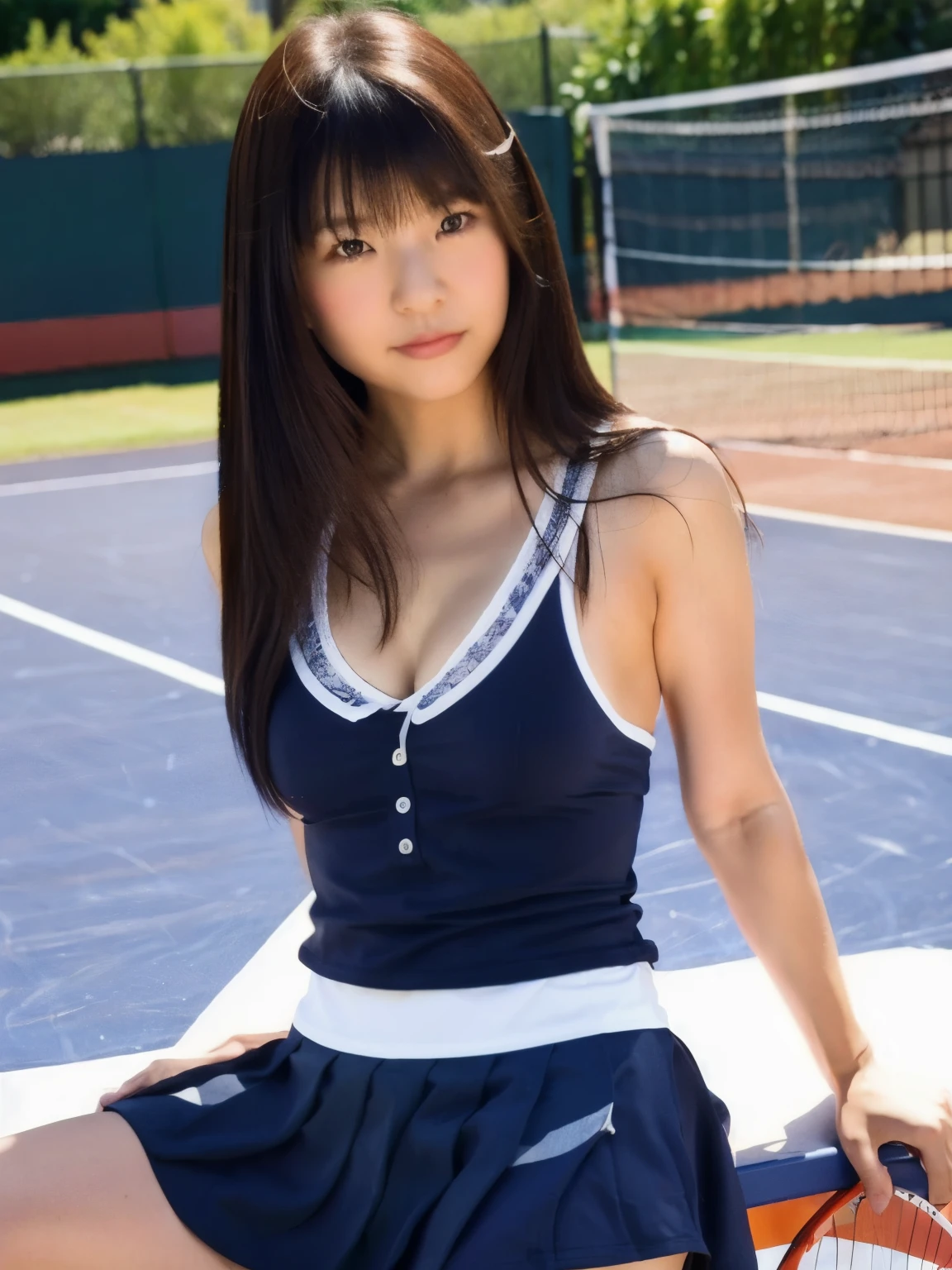 High school girl style、 full of bangs、bangs,  straight hair、long hair、Plain face、Tsubomi, Very cute Japanese girl, Age 18, cleavage, ((Tennis sports wear))、on tennis court, cowboy shot、portrait、looking at viewer、motion lines, cleavage,