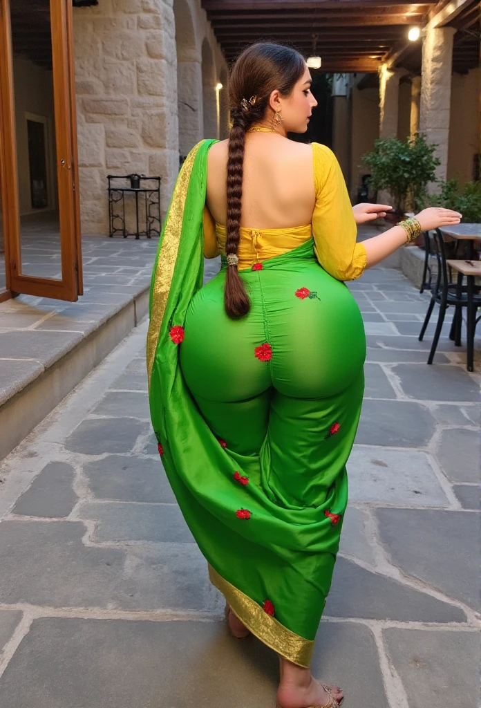 *Tags**  
(score_9, score_8_up), Pakistani Muslim woman, back view, *lavani* saree, traditional attire, fair skin tone, voluptuous figure, smooth saree drape, large hips, yellow blouse, modest neckline, green *lavani* saree, floral patterns, gold trim, long braid between buttocks, knee-length braid, rhythmic motion, relaxed posture, serene expression, outdoor rural courtyard, stone floor, rustic ambiance, cultural richness, elegant movement, traditional beauty, clapping motion, slow rhythmic sway, ambient lighting, vibrant colors, rural charm

**Description**  
In this scene, a Pakistani Muslim woman stands gracefully with her back to the viewer, captured in a traditional *lavani* saree as she moves with subtle yet captivating rhythm. Her attire, a bright green saree adorned with intricate floral patterns and gold trim, drapes smoothly over her voluptuous figure, highlighting her curvy silhouette. The yellow blouse contrasts elegantly with the deep green saree, adding vibrancy to her appearance. Her dark brown hair is woven into a single, long braid that rests between her shoulder blades, slipping gently down and nestled between her ample hips, almost reaching her knees, enhancing the gracefulness of her stance. 
As she moves, the gentle swaying of her hips sets her lower body in a slow, rhythmic clap, adding a sense of fluid motion to the scene. The saree flows naturally with each movement, maintaining a soft drape over her lower body without clinging too tightly, preserving an elegant allure. Her traditional jewelry, including bangles, a delicate necklace, and a nose ring, catches the warm outdoor light, casting subtle reflections. The rustic setting—a stone-floored courtyard framed by wooden pillars and surrounding greenery—adds a timeless, cultural atmosphere to the scene. The vibrant greens, yellows, and reds in her attire complement the ambient colors of her surroundings, creating a harmonious, cultural ambiance as she moves with poised elegance and cultural p