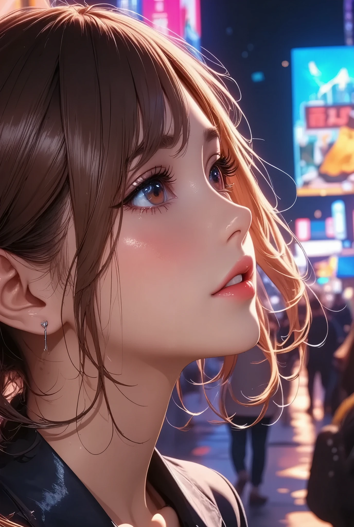 Face close-up of a girl looking up with a fluttering face, Alluring, ((profile, Sigh:1.2)),  Women with Impressive Beautiful Eyes :1.2,  beautiful eye for detail, Beautiful Detailed Lips ,  highly detailed eyes and faces,  long eyelashes , Detailed lighting and shadows ,  Anime Style :1.2,  photorealistic, 8k,  Hi-Res, Super detailed, masterpiece:1.4,  bright color , COLORFUL NEON STREET .