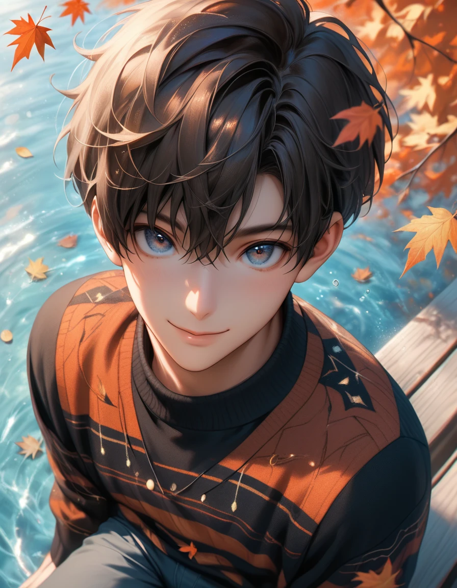 score_9, score_8_up, score_7_up, source_anime, rating_safe, day, natural lighting, autumn theme, autumn leaf, leaves, water, water ripple, male focus, looking up at viewer, sitting, smiling, expressive face, ShogoGGLR, blue_ShogoGGLR_eyes, black_ShogoGGLR_short hair, closed mouth, autumn clothes, sweater, pants, manly, 1boy, blurry outdoors, from above, dutch angle, intricately detailed illustration, atmospheric perspective, depth of field
