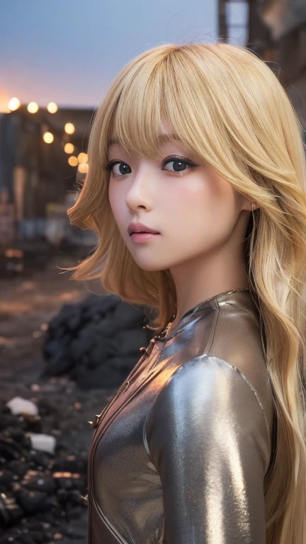 A woman with long blonde hair with bangs, with clothes similar to Kitana in Mortal Kombat 9, black, she is in a sandy environment 