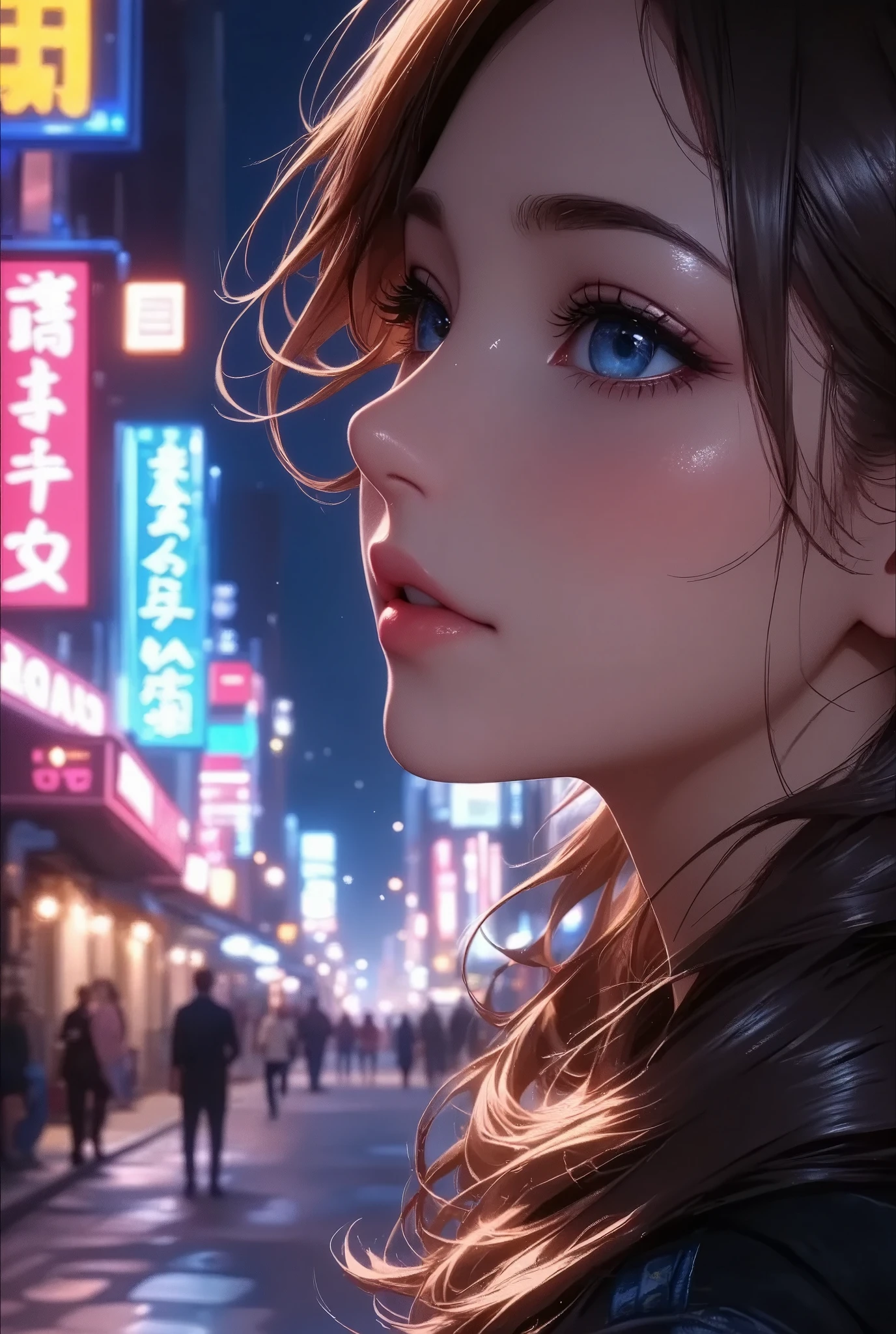 Face close-up of a girl looking up with a fluttering face, Alluring, ((profile, Sigh:1.2)),  Women with Impressive Beautiful Eyes :1.2,  beautiful eye for detail, Beautiful Detailed Lips ,  highly detailed eyes and faces,  long eyelashes , Detailed lighting and shadows ,  Anime Style :1.2,  photorealistic, 8k,  Hi-Res, Super detailed, masterpiece:1.4,  bright color , COLORFUL NEON STREET .