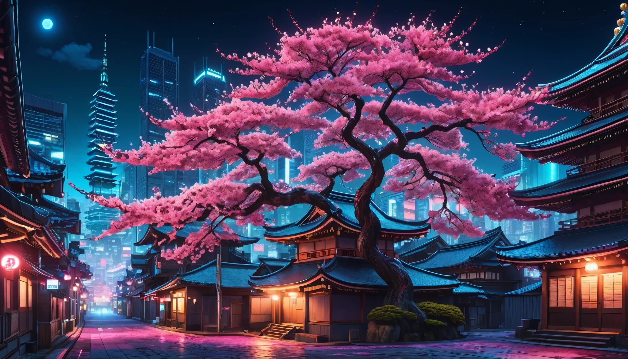  tree with pink flowers in the middle of the city at night,  sakura season dynamic lighting , Cyberpunk Japanese Temple,  anime background ,  colorful city  кицунэ, Неоновый город in the background,  colorful city ,  synthetic city , красивый город of the future, Blue moonray tracing , Japanese town , giant cherry trees,  art deco outrun anime aesthetics ,  cherry tree ,  cyberpunk streets in Japan , background graphics