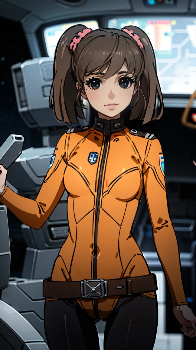 Best Quality, masterpiece,  Details, ,  closed mouth, smile,  brown hair,  manipulates straight hair ,  twin tails,  Brown Eyes ,  hair scrunchies from underwear, MisakiBodysuit,  orange bodysuit, belt,  standing ,  stare at viewers, science fiction, cockpit spaceship , Bokeh,