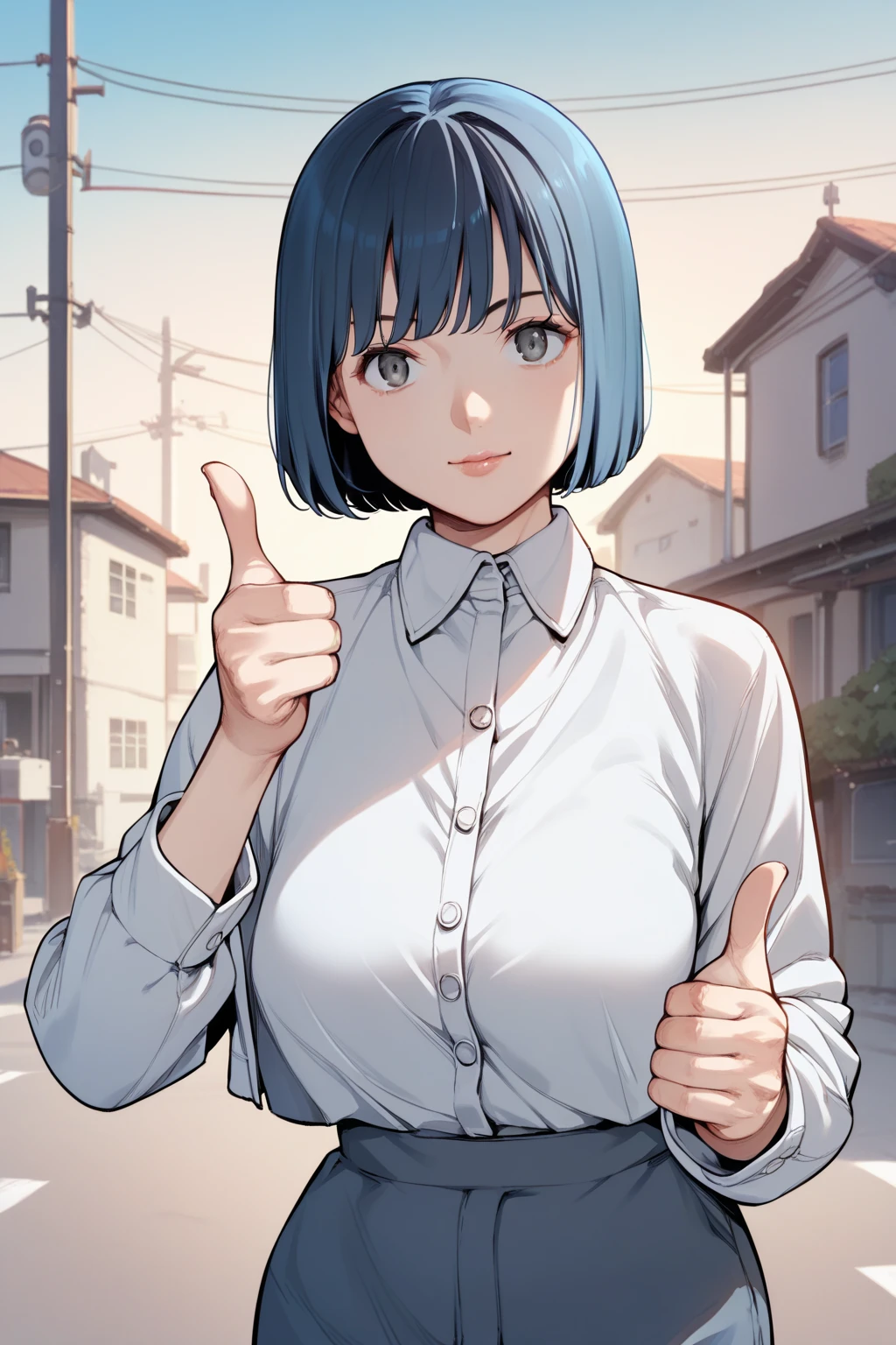 score_9, score_8_up, score_7_up, 1girl, looking at viewer, thumbs up, :>, blue hair, heavy fringe, grey eyes, breasts, silver suit jacket, bright, town, fisheye 