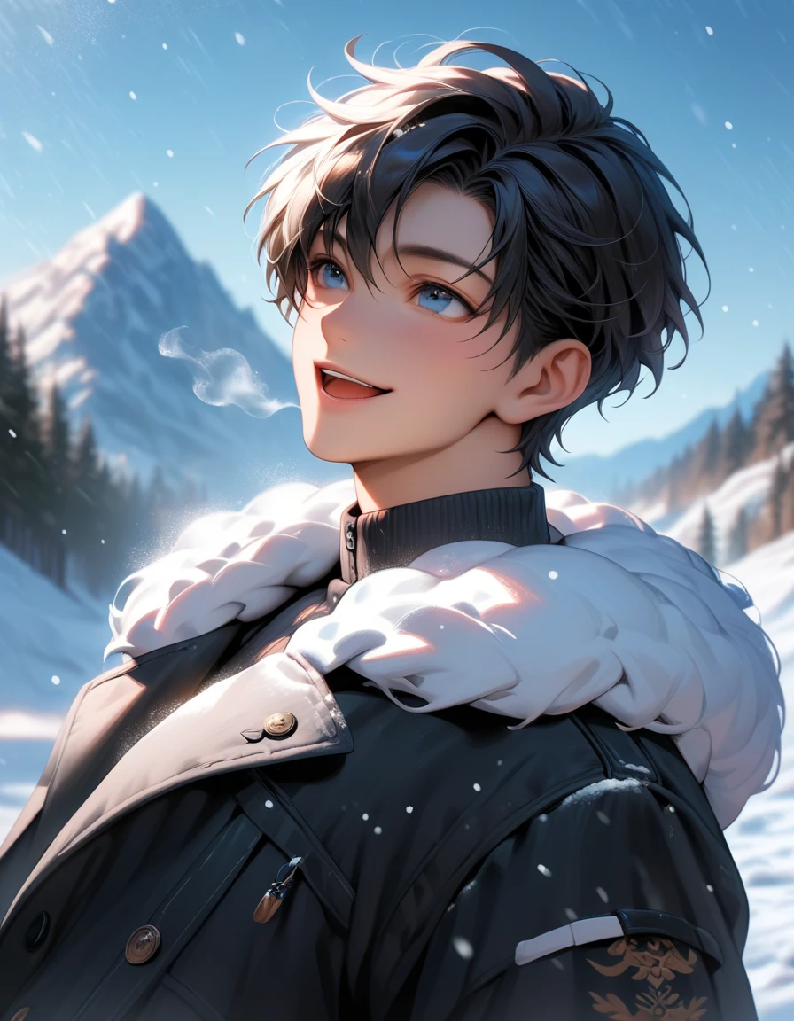 score_9, score_8_up, score_7_up, source_anime, rating_safe, day, natural lighting, winter theme, snow, snowing, snowflakes, mountain, breath, male focus, leaning back, looking away, smiling, expressive face, ShogoGGLR, blue_ShogoGGLR_eyes, black_ShogoGGLR_short hair, open mouth, winter clothes, fur trim, 1boy, blurry outdoors, scenery, from side, from below, dutch angle, intricately detailed illustration, atmospheric perspective, depth of field
