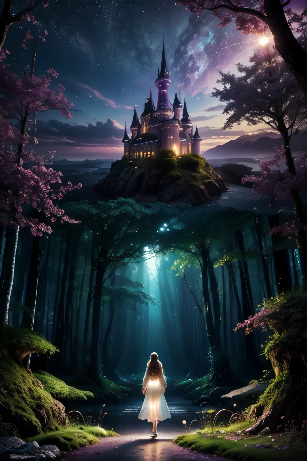 A dreamlike fantasy landscape, a surreal forest with glowing mushrooms, floating islands, and a whimsical castle in the distance, 1girl, detailed face, beautiful eyes, long hair, detailed dress, walking through the mystical scenery, (best quality,4k,8k,highres,masterpiece:1.2),ultra-detailed,(realistic,photorealistic,photo-realistic:1.37),fantasy,surreal,dreamscape,magical,ethereal,glowing,vibrant colors,dramatic lighting