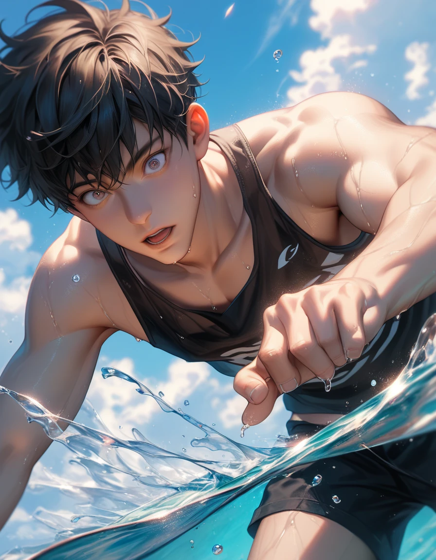 score_9, score_8_up, score_7_up, source_anime, rating_questionable, day, natural lighting, summer theme, water, water droplet, water splash, ocean horizon, male focus, leaning forward, looking down at viewer, surprised, expressive face, ShogoGGLR, blue_ShogoGGLR_eyes, black_ShogoGGLR_short hair, parted lips, summer clothes, wet clothes, black tank top, 1boy, blurry outdoors, scenery, from below, dutch angle, intricately detailed illustration, atmospheric perspective, depth of field
