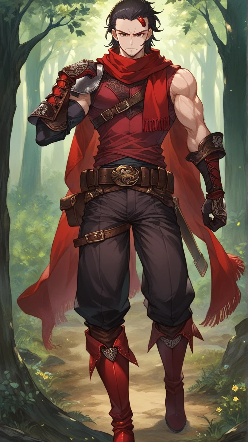 A boy .black hair.Red Scarf (forehead protector). Red Scarf.Shoulder Guard . Red Long Sleeve Leather Vest(Six abdominal muscles are exposed in the chest). without a top . Glove Armor . Heavy Belt . Knee Length Pants (Bow ). Red Leather Boots ..Bandit. Robber Style . Background is Forest.whole body