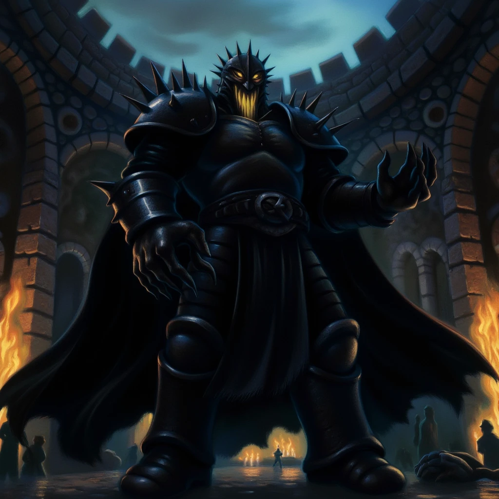 mrygp, Sauron stands imposingly against the backdrop of his dark fortress. His towering, armored figure is clad in blackened, spiked plate armor that gleams faintly in the dim, fiery light. His helmet is crowned with menacing, jagged spikes, forming a crown that radiates power and malice. His gauntlets are massive and clawed, and from beneath the helmet, a faint, fiery glow emanates where his eyes would be, giving him an otherworldly, terrifying presence. The dark walls rise behind him, their shadowed edges mirroring the sharp lines of his crown, creating an aura of dread and authority.