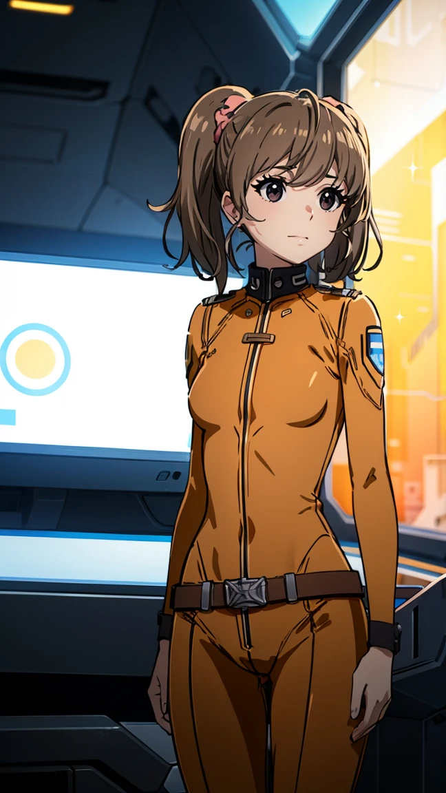 Best Quality, masterpiece,  Details, ,  closed mouth, smile,  brown hair,  manipulates straight hair ,  twin tails,  Brown Eyes ,  hair scrunchies from underwear, MisakiBodysuit,  orange bodysuit, belt,  standing ,  stare at viewers, science fiction, cockpit spaceship , Bokeh,