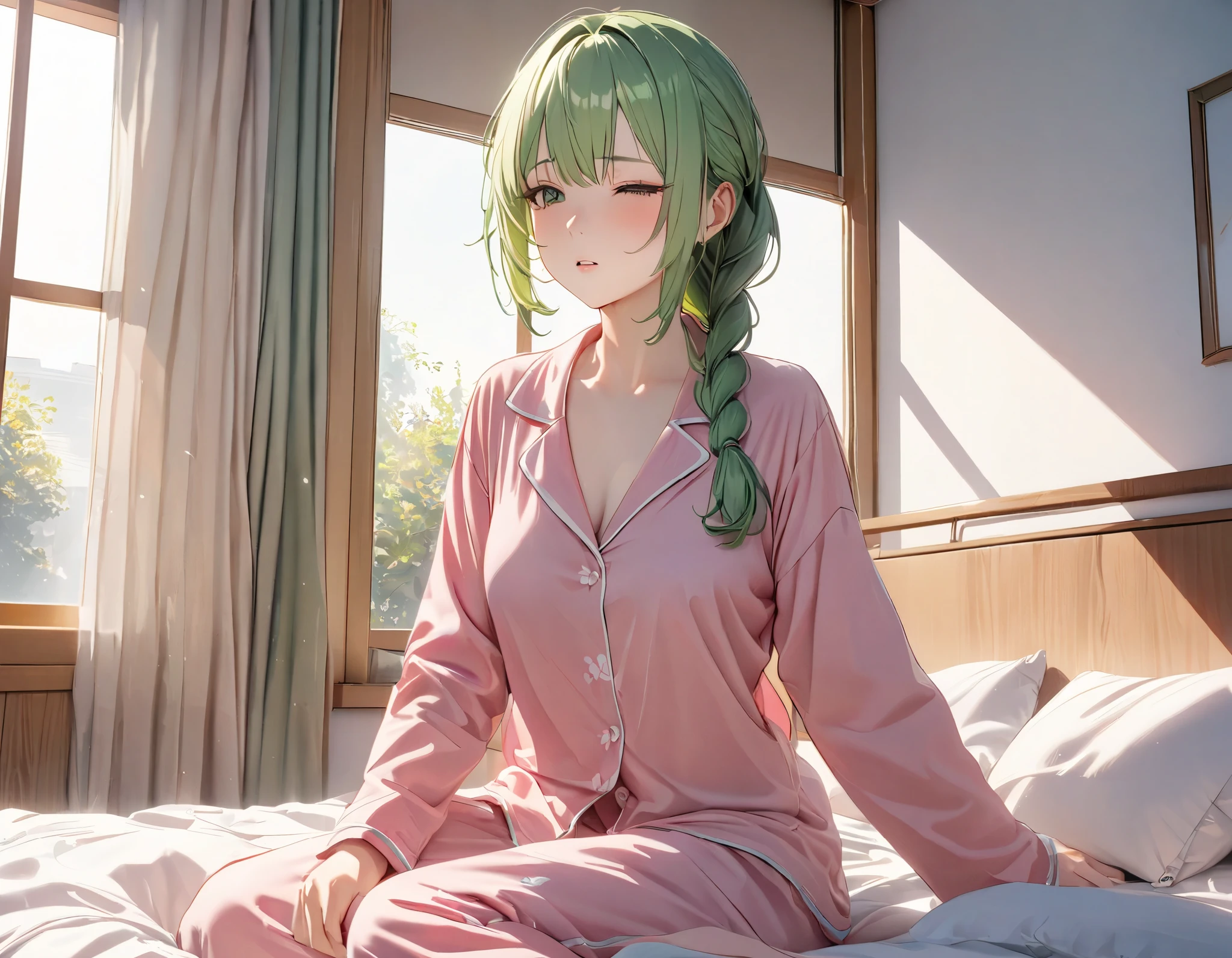 (((Best quality, 8k, Masterpiece: 1.3)), ((best quality)), ((masterpiece)), (detailed), perfect face, perfect body, (detailed skin:1.3), (intricate details), green hair,long braided ponytail, In bed, pajamas, W-Sitting, waking up, Morning sun, window, fluttering curtains