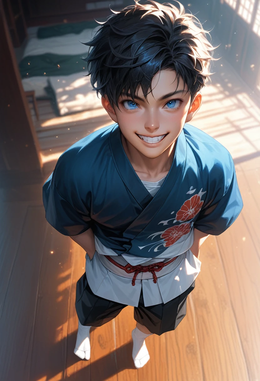 score_9, score_8_up, score_7_up, source_anime, rating_questionable, day, dark environment, backlighting, glowing, japanese theme, male focus, full body, leaning back, looking up at viewer, expressive face, ShogoGGLR, blue_ShogoGGLR_eyes, black_ShogoGGLR_short hair, grin, teeth, japanese clothes, asymmetrical print on clothes, socks, 1boy, blurry indoors, wooden floor, scenery, from above, dutch angle, intricately detailed illustration, atmospheric perspective, depth of field
