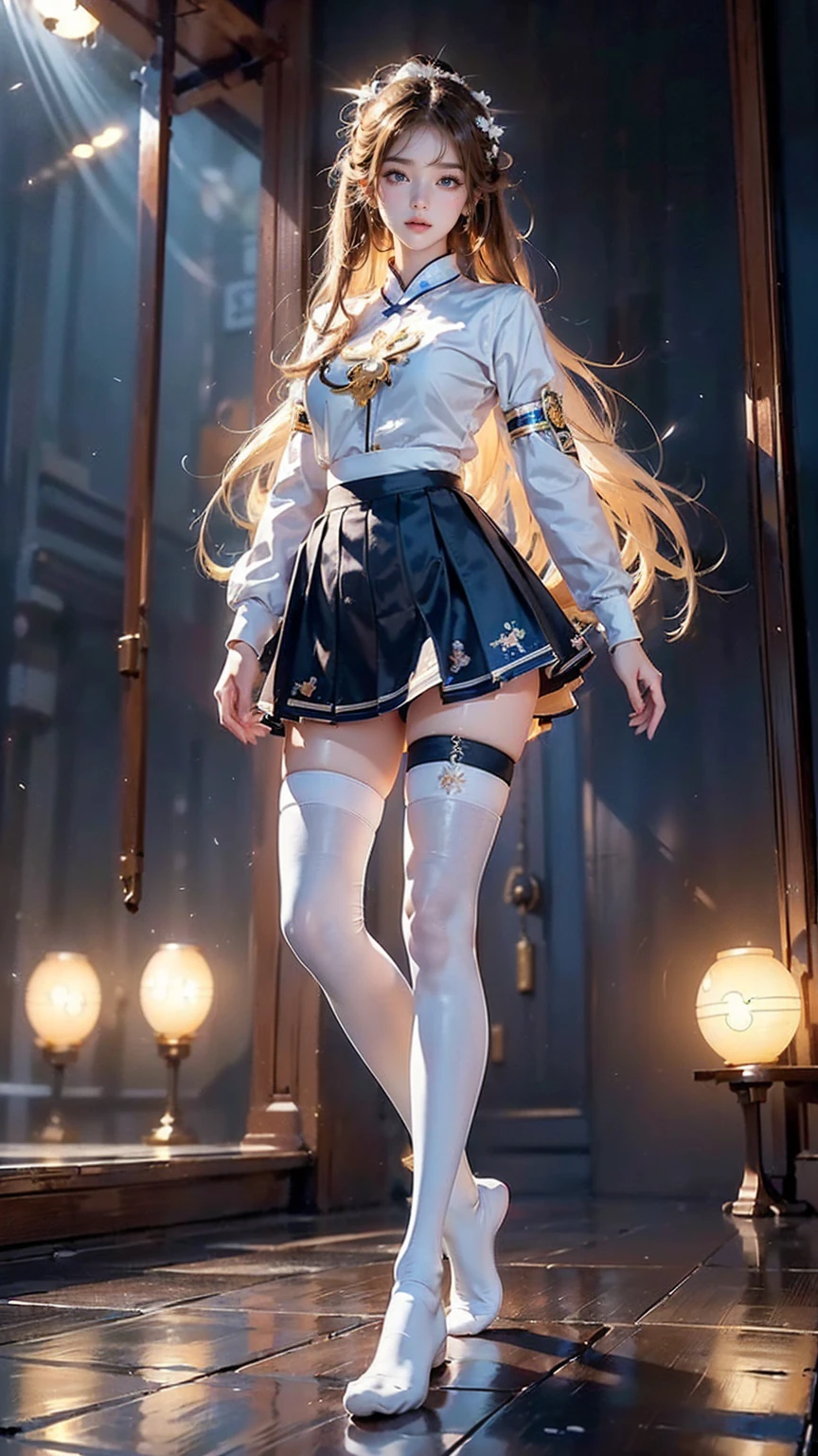 Ultra-realistic 8K CG,Flawless face,flawless perfection,tmasterpiece,Perfect face,Beautiful face,Beautiful eyes,((Perfect female body)),(((tmasterpiece))), (((best qualtiy))), ((ultra - detailed)), (At the office), (highly detailed CGillustration), ((Very fine and beautiful)),Mature and beautiful,flustered, full blush, view the viewer,Ultra-detailed CG,Exquisite facial features,Clear facial expressions,Detailed digital anime art,Digital anime art,High quality anime art style, (Masterpiece), Best quality, Perfect face, ((1girll)), Mature woman, Leaning forward, ((Very long gray hair:1.5)), High ponytail, extremely giant breasts, Hanging breasts, cleavage, Narrow waist, ((mini shirt, ribbon:1.2)), Wearing glasses, ((Superskirt:1.5)), choker necklace, Very small shirt, Transparent shirt, ((Blue skirt:1.2)), ((The skirt was blown away)), ((Mini tight skirt: 1.5)), ((full body:1.5)), High heels, Garters, ((Lace stockings:1.2)), ((Long and slender legs)), Beautiful legs,Erotic,Seductive pose, ((show underwear, Show panties:1.2)),accidental exposure, Expose breasts,((standing:1.2)), (Open legs:1.2), ((Front Shooting)), Slender figure, (Policewoman uniform)