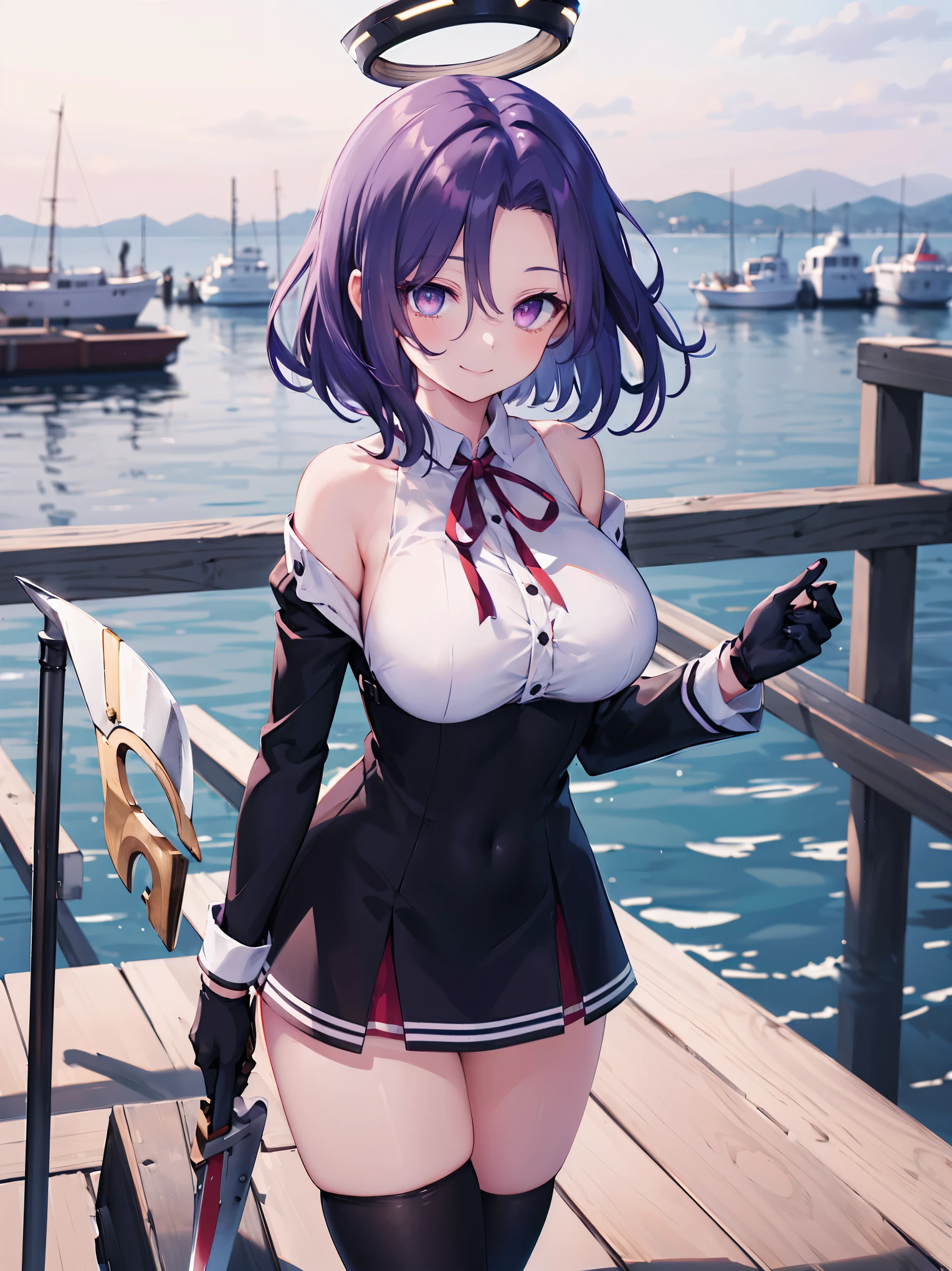 masterpiece, best quality, highres, mechanical halo, (big_breasts:1.2), black dress, neck ribbon, long sleeves, black gloves, outdoors, cowboy shot, standing, holding weapon, polearm,smile,,harbor_town_landscape,purple_halfeyes,(scornful eyes:1.4)