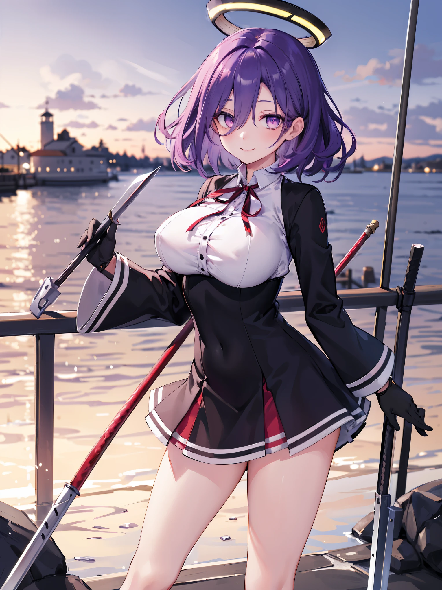 masterpiece, best quality, highres, mechanical halo, (big_breasts:1.2), black dress, neck ribbon, long sleeves, black gloves, outdoors, cowboy shot, standing, holding weapon, polearm,smile,,harbor_town_landscape,purple_halfeyes,(scornful eyes:1.4)