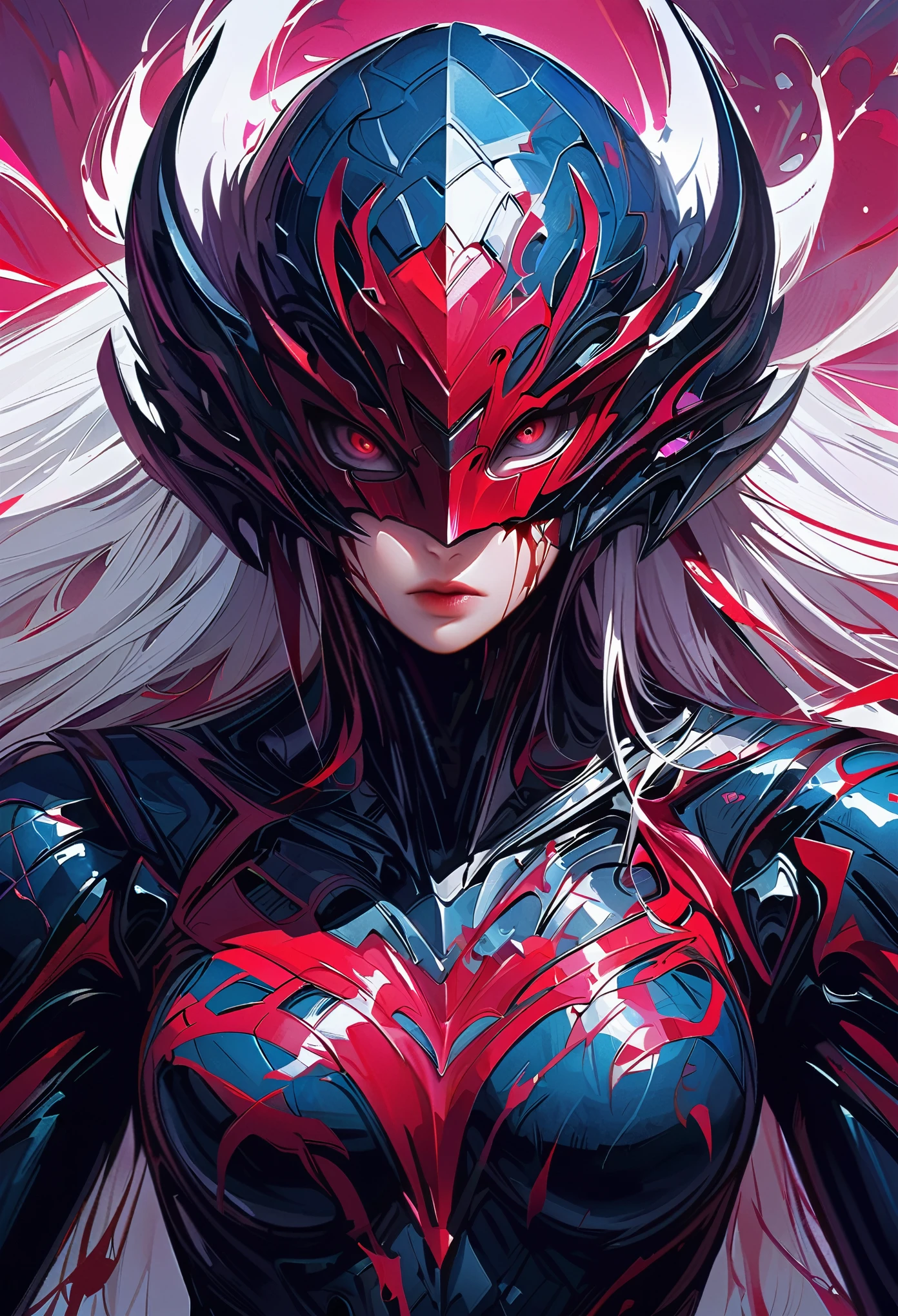 masterpiece, best quality, 8K, Digital painting, 1 girl, solo, stand up, youth, White hair, long white hair, hair accessories, red eyes, round pupils, Emotionless expression, blood stains, Mechanical Parts, electric wire, cable, failure effect, horrifying, science fiction, futuristic, Dark inside the background, neon lights, cyberpunk characters, Surreal, weird, Disturbing, spine-chilling, horrifying, jumpsuit,Red eyes,Venom Possession,blackened,Long black gloves,One-piece Pants,tight latex bodysuit,Highlight her graceful figure,wrap the whole body,symbiont,((Raised sexy)),jumpsuit,Red eyes,Venom Possession,blackened,Long black gloves,One-piece Pants,Black latex clothing,Blood-red eyes,best quality, High resolution, Super detailed, Vivid textures, mask, tight latex bodysuit, Bangs,purple hair, blue eyes