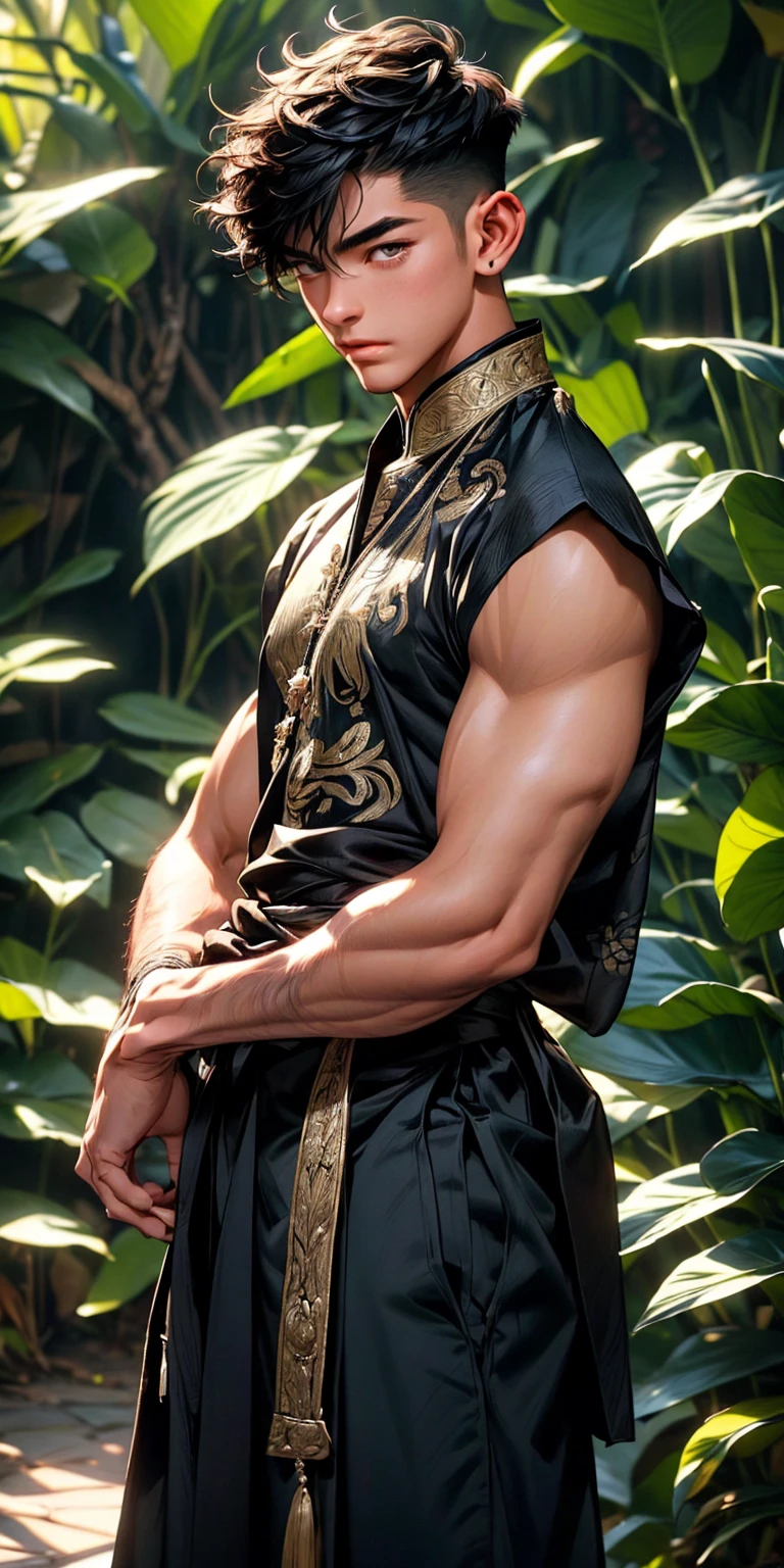 in the forest,A Taoist priest is putting on pants,man in his forties,black and white hair,Asian men,rough face,Light beard,Exquisite eyelid details,Sweat,Strong body,(Lipid muscle:2),Thick thighs,Mermaid line muscles,Loose trousers,White shorts are exposed,(Pleurotus eryngii stuffed into pants),(exquisite eyes:1.3),(Delicate skin texture),body oil,Head-up camera angle,rain,glowing shadow,clean images,