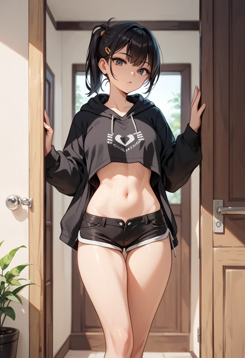 1girl, unique girl, unique hair tie, simpledrawing. black loose hoodie, super short shorts, medium bust size, medium thigh size, standing in front of the door, belly    