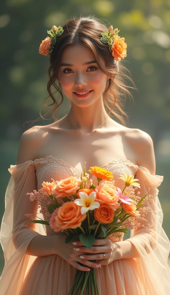 A girl with a smiling face, having beautiful detailed eyes and lips, the daughter of a dark-skinned father and a white-skinned mother. She is in a garden filled with colorful flowers. The girl is wearing a pretty dress with vibrant colors that match the flowers around her. The sunlight shines brightly, casting a warm glow on her face and illuminating her shiny, curly hair. She is holding a toy in her hand and laughing gleefully as she plays among the flowers. The scene is depicted in a realistic and vivid style, with ultra-detailed textures and sharp focus. The colors are vibrant and saturated, creating a joyful and lively atmosphere. The overall lighting is soft and natural, enhancing the warmth of the scene. The artwork is a masterpiece, created with the highest quality and resolution (best quality, 4k, 8k, highres, masterpiece:1.2), achieving a stunning level of detail and realism (ultra-detailed, realistic, photorealistic:1.37). The medium used for this artwork is oil painting, adding depth and richness to the composition.