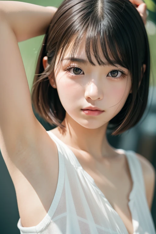 (ultra Realistic), (An illustration), (Highres), (8K), (highly detaild), (the best illustration), (Beautiful Detailed Eyes), (The Highest Quality), (Super Detailed), (master masterpiece), (Wallpapers), (Detailed Face), drooping eye,covered in sweat,up of the upper body,armpit,short haired,Inner Color,solo、、,Girl in a simple white tank top, Japanese people, huge  boobs, (Camel Toes)