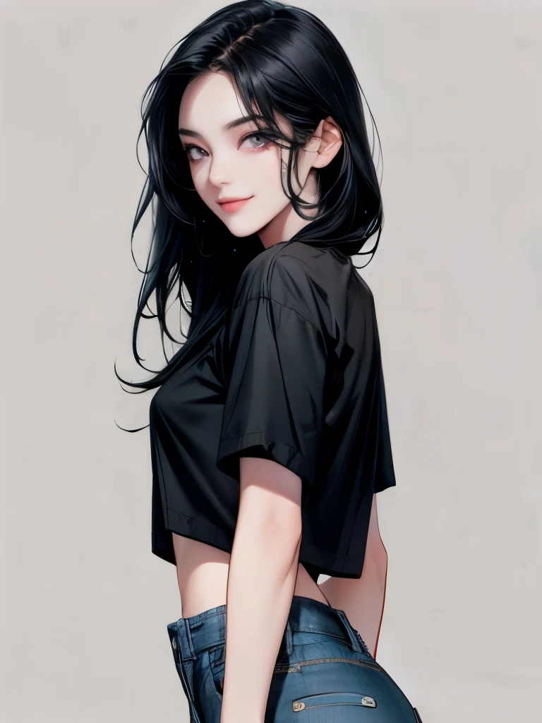 asian long black hair with siren eyes and long lashes with a rainy back ground and wearing a cropped shirt with short jeans with a small smirk and medium breast and looking at the viewer 