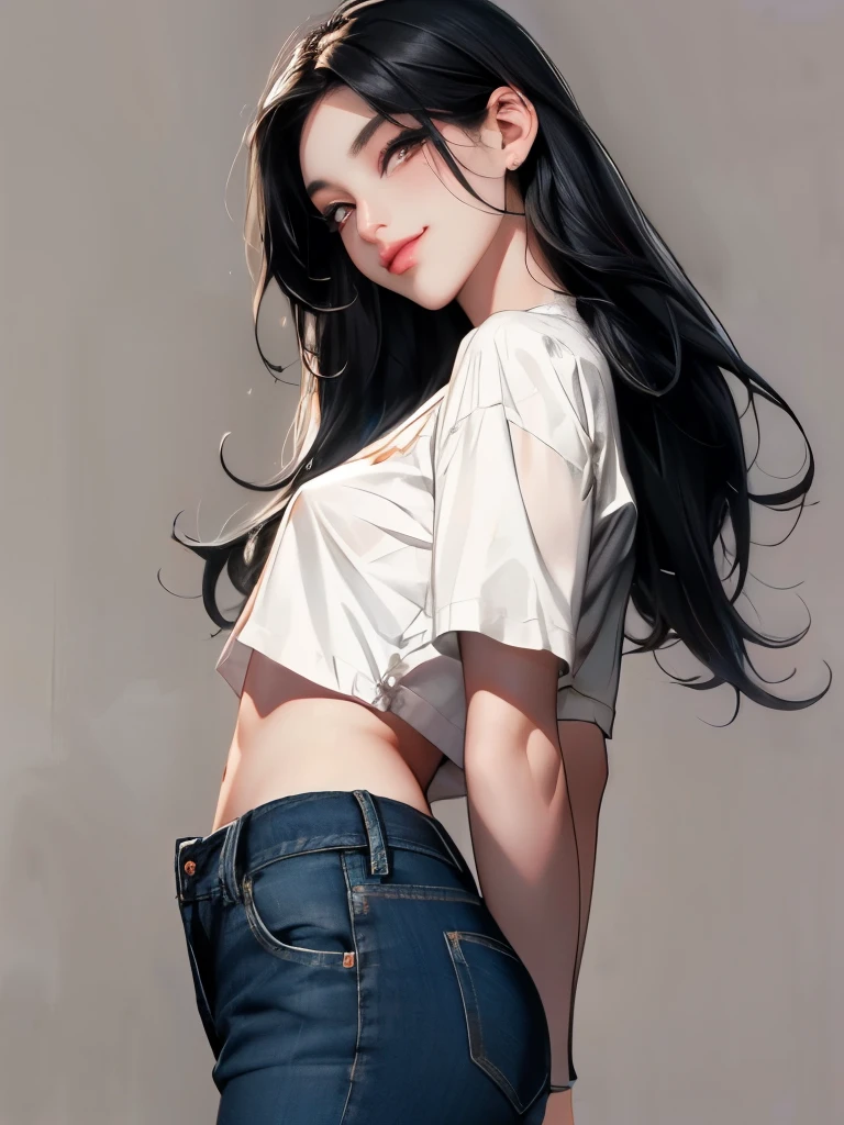 asian long black hair with siren eyes and long lashes with a rainy back ground and wearing a cropped shirt with short jeans with a small smirk and medium breast and looking at the viewer 