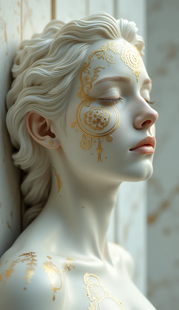 Character: Ethereal Celestial Being
Pose: Close-up profile, slightly looking to the side with a calm and introspective expression
Action: Motionless, exuding an aura of tranquility and wisdom
Costume/Outfit Details: Skin painted or adorned with intricate gold leaf patterns on the face, giving a celestial and divine appearance; smooth, marble-like texture to the skin, as if carved from stone
Facial Expression: Serene, with a hint of mystery, lips slightly parted and eyes focused yet distant
Accessories: Golden, ornamental patterns around the eyes and forehead that resemble divine symbols or cosmic markings
Setting/Environment: Minimalistic, ethereal backdrop, as though emerging from a marble wall or sculpture
Background Elements: Subtle shadows and textures that mimic a marble or plastered surface, enhancing the illusion of the character being part of a wall or sculpture
Color Scheme: Pale whites, creams, and soft gold, giving an elegant and celestial look with high contrast between the skin and golden patterns
Artistic Style: Hyper-realistic with surreal, fantasy influences, blending classical sculpture aesthetics with modern digital art
Lighting Effects: Soft, directional lighting from above, casting gentle shadows that emphasize the contours and depth of the face; the lighting adds a divine glow to the gold patterns
Texture Details: Smooth, stone-like skin contrasted with the delicate, detailed texture of the gold leaf; hair appears soft yet sculpted, with a gentle wave
Camera Angle/Perspective: Close-up, focusing on the face and upper shoulders, enhancing the elegance and details of the golden designs
Mood/Emotion: Calm, introspective, and otherworldly, evoking a sense of timeless wisdom and purity
Action Context: The character feels like a timeless deity or celestial guardian, emerging from an ancient relic
Cultural Influences: A blend of Greek or Roman sculpture aesthetics with a touch of fantasy art
Additional Elements: Small, subtle engravings or textures on 