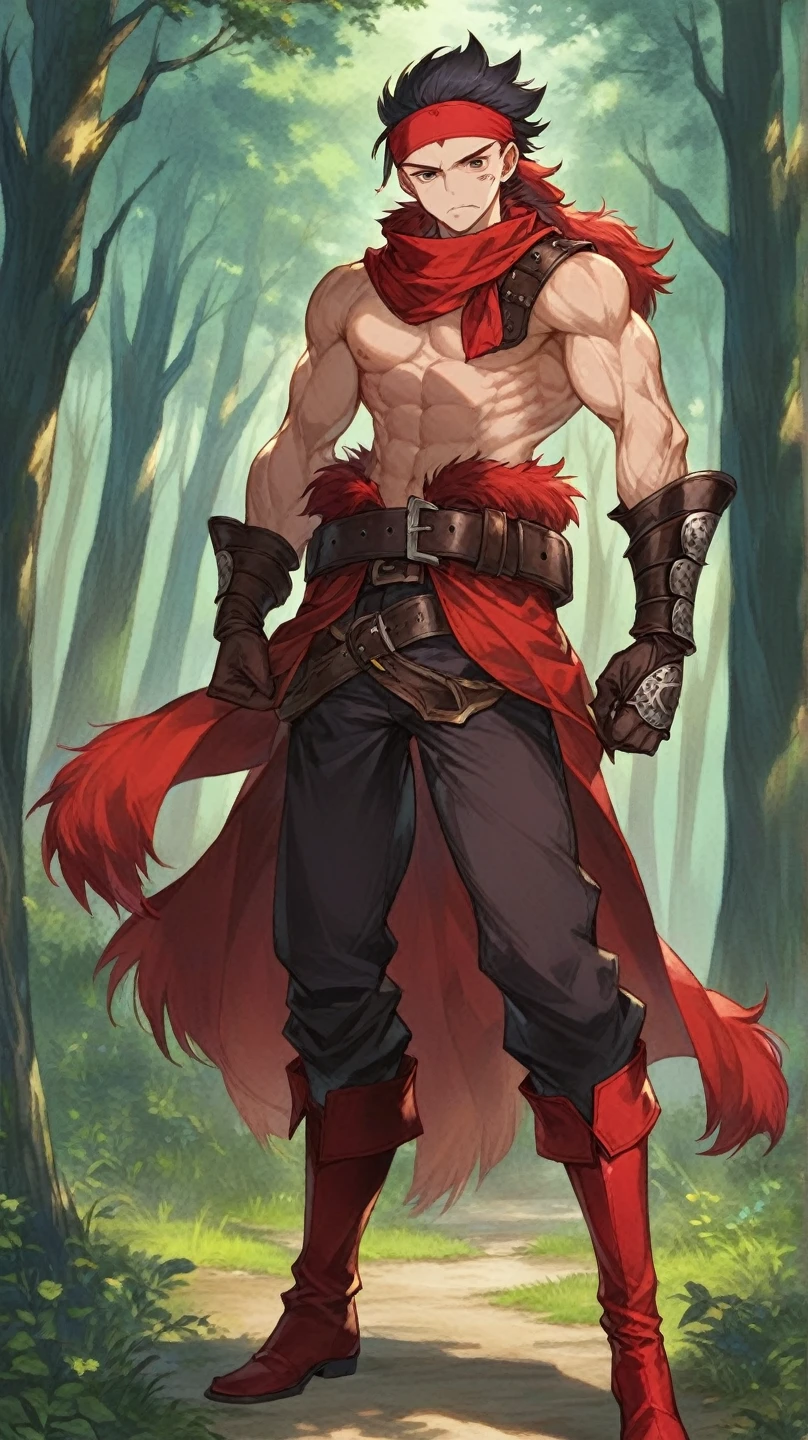 A boy .black hair.Red bandana(forehead protector). Red Scarf.Shoulder Guard .Red Long Fur Vest( Exposes 6 Abdominal Muscles)Bare chest and abdomen. without a top . Glove Armor . Heavy Belt . Knee Length Pants (Bow ). Red Leather Boots ..Bandit. Robber Style . Background is Forest.whole body